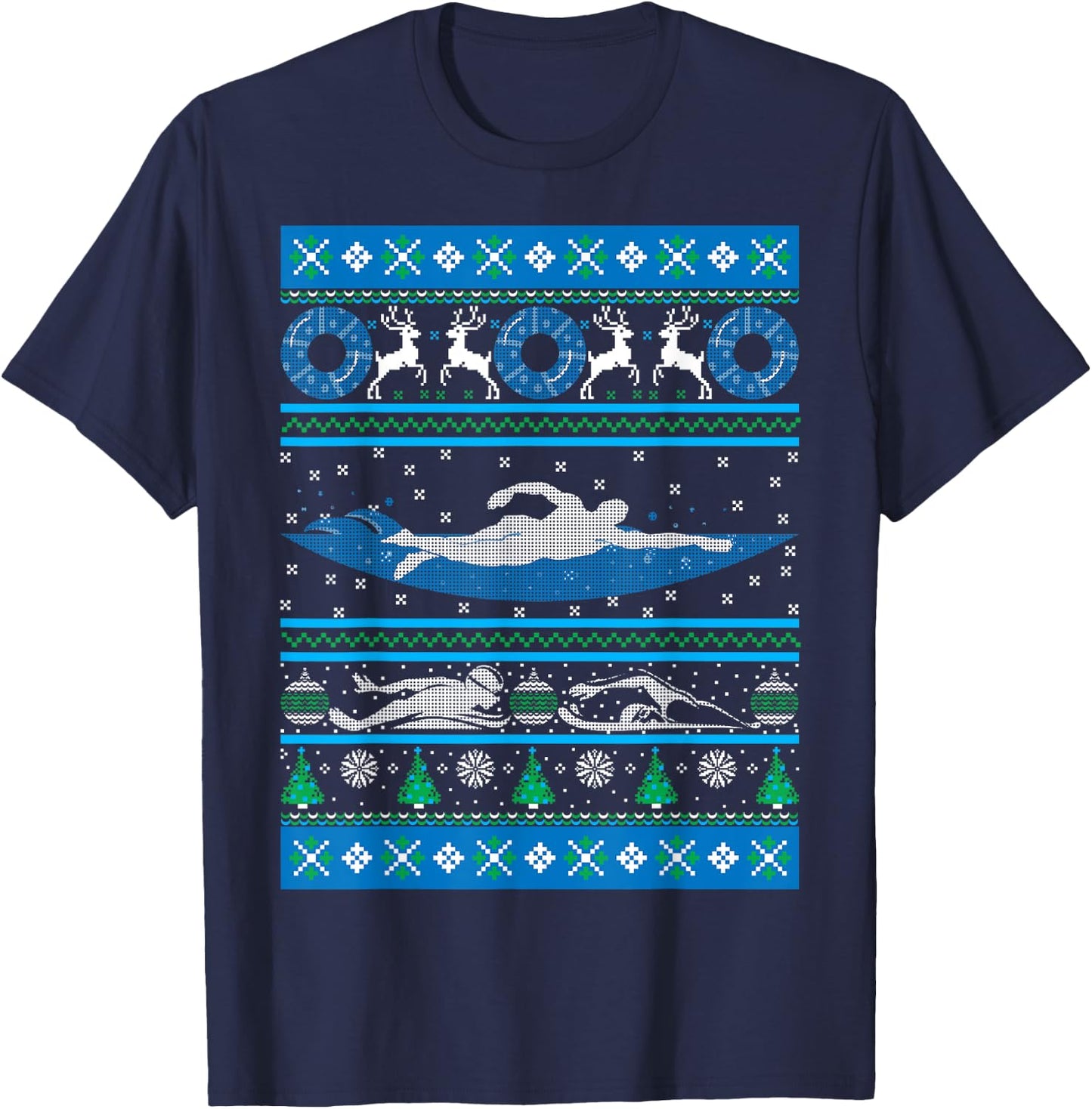 Swimmer Ugly Christmas Swimming Swim Team Holiday Xmas Gift T-Shirt - T-Shirt | Navy