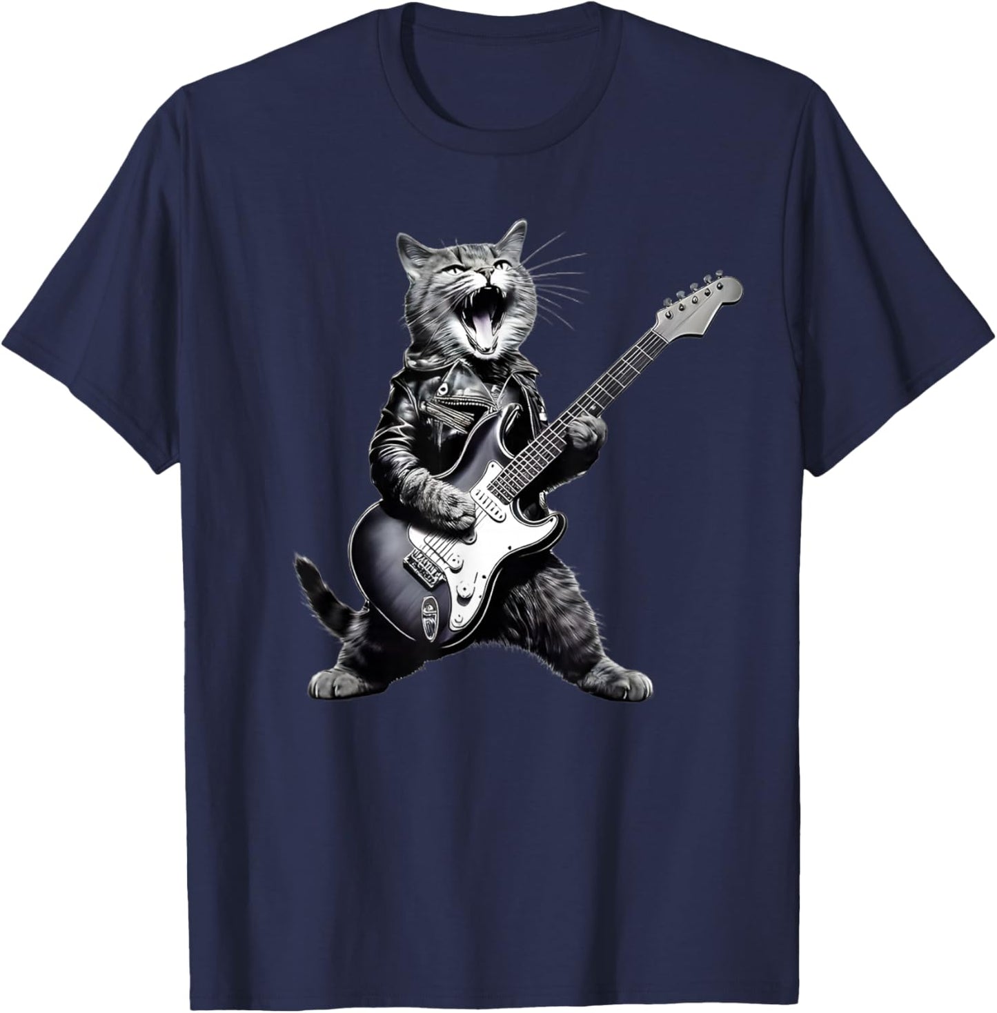Rock Cat Playing Guitar - Funny Guitar Cat Men Women Girls Kids T-Shirt - T-Shirt | Navy