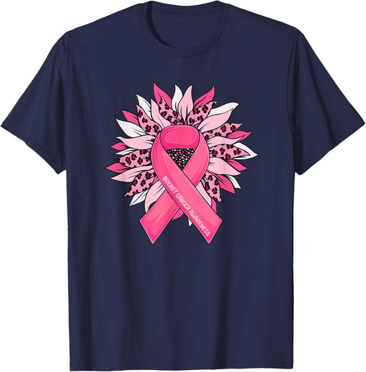 Breast Cancer Pink Ribbon Sunflower Breast Cancer Awareness T-Shirt - T-Shirt | Navy