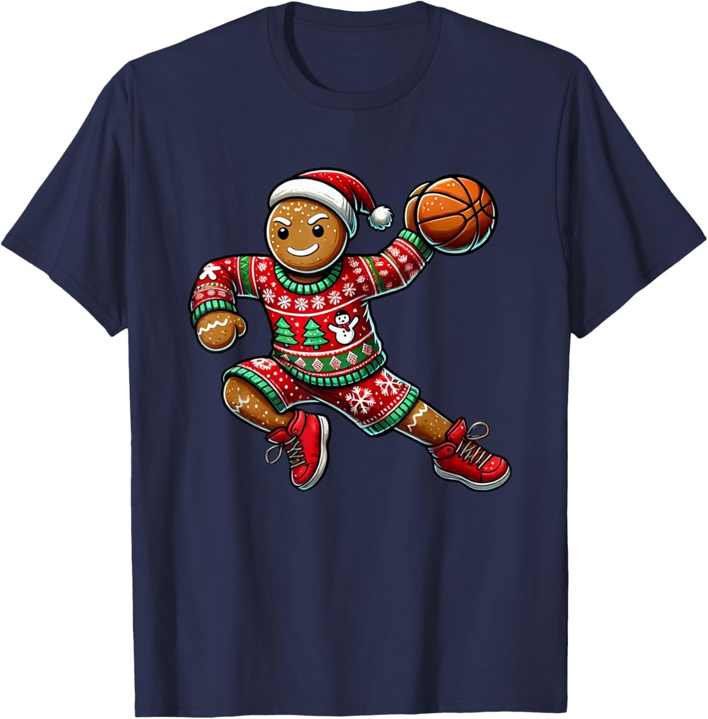 Basketball Christmas - -Adults, Kids - Black - Short Sleeve - - Novelty Design - Cotton Blend - Machine Wash - Size: Small T-Shirt - T-Shirt | Navy