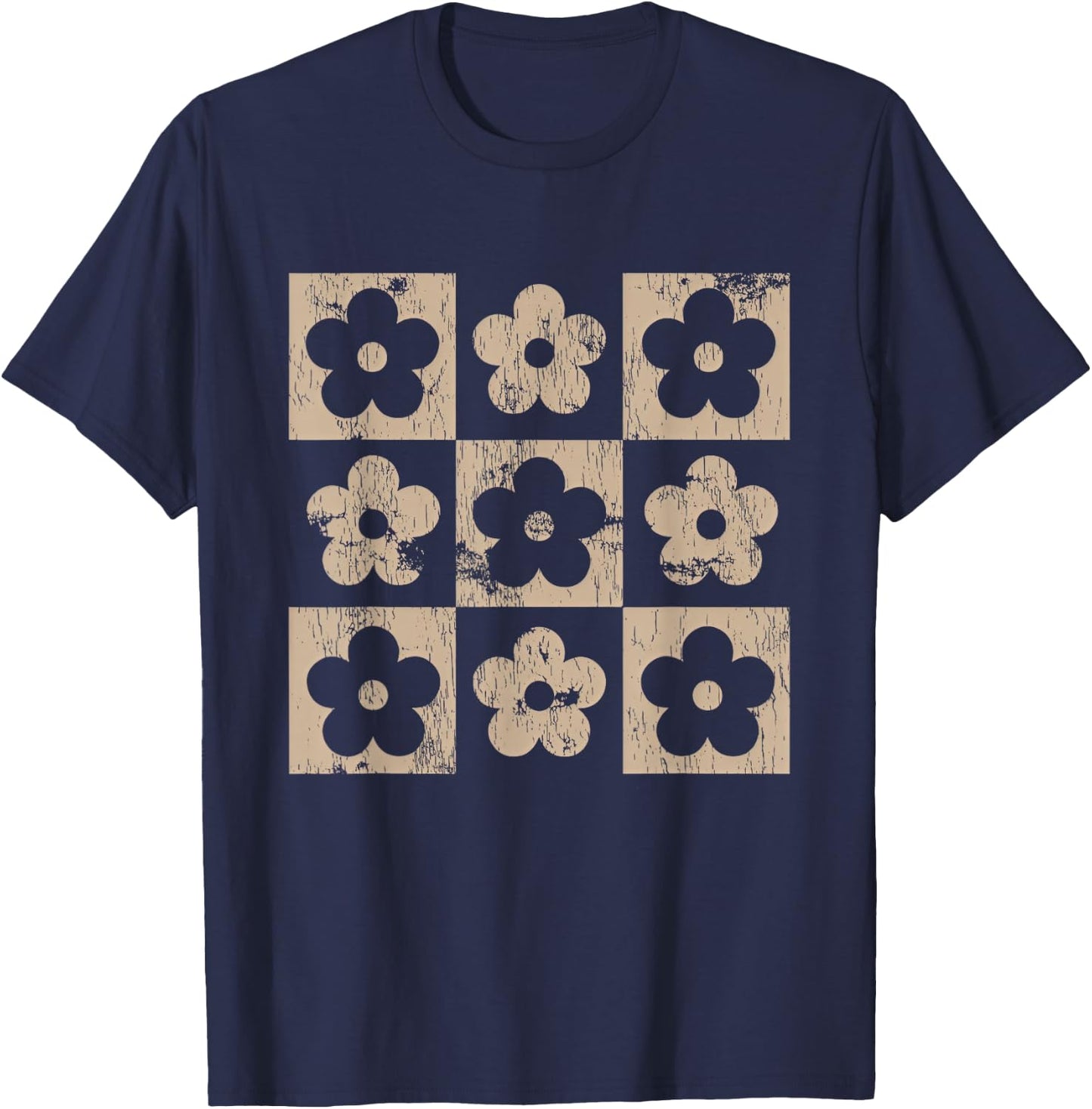 Neutral Checkerboard Daisy Flowers Retro Boho Floral Women T-Shirt - T-Shirt | Navy