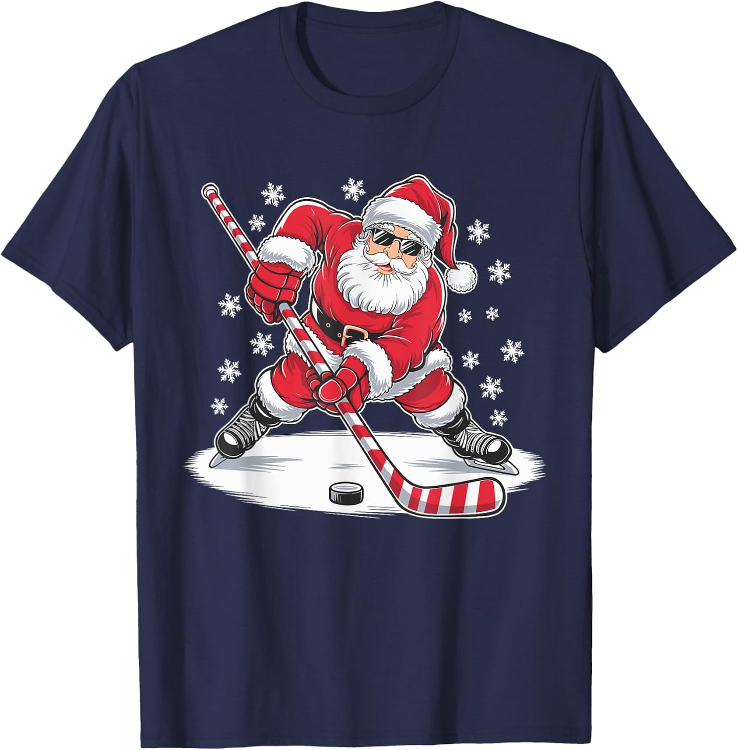 Funny Christmas Santa Playing Ice Hockey Xmas Sport T-Shirt - T-Shirt | Navy