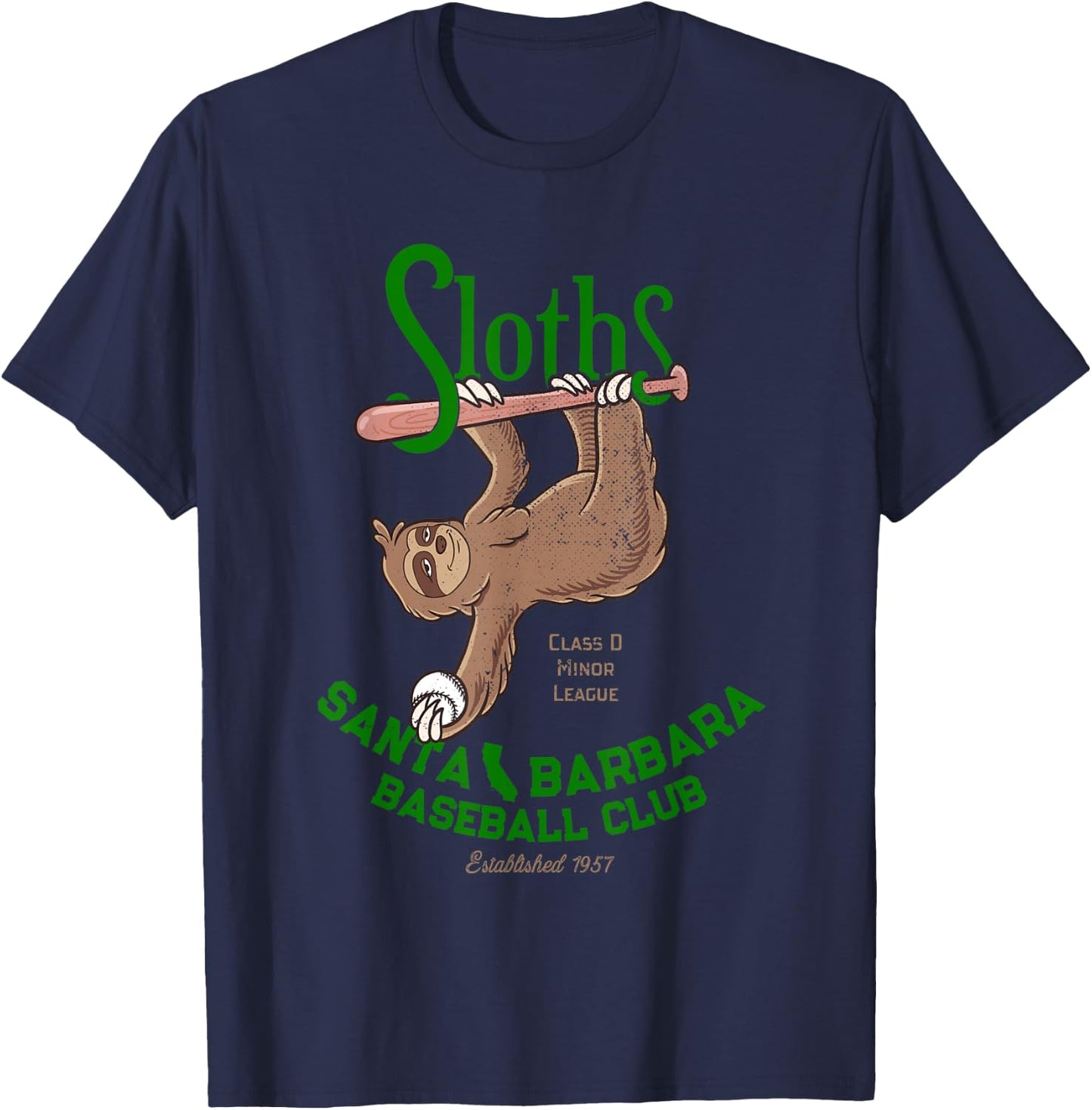 Santa Barbara Sloths Minor League Retro Baseball Team T-Shirt - T-Shirt | Navy