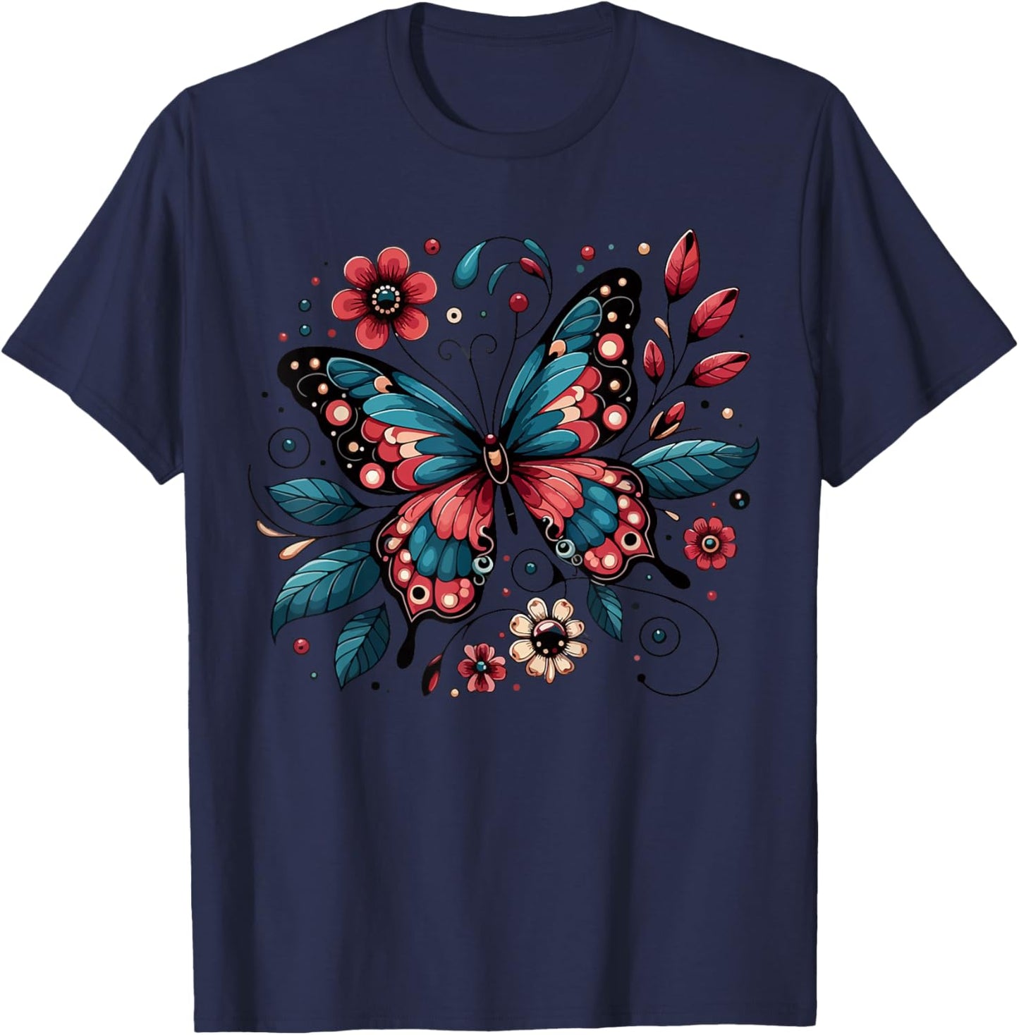 Butterfly With Flowers I Aesthetic Butterfly T-Shirt - T-Shirt | Navy