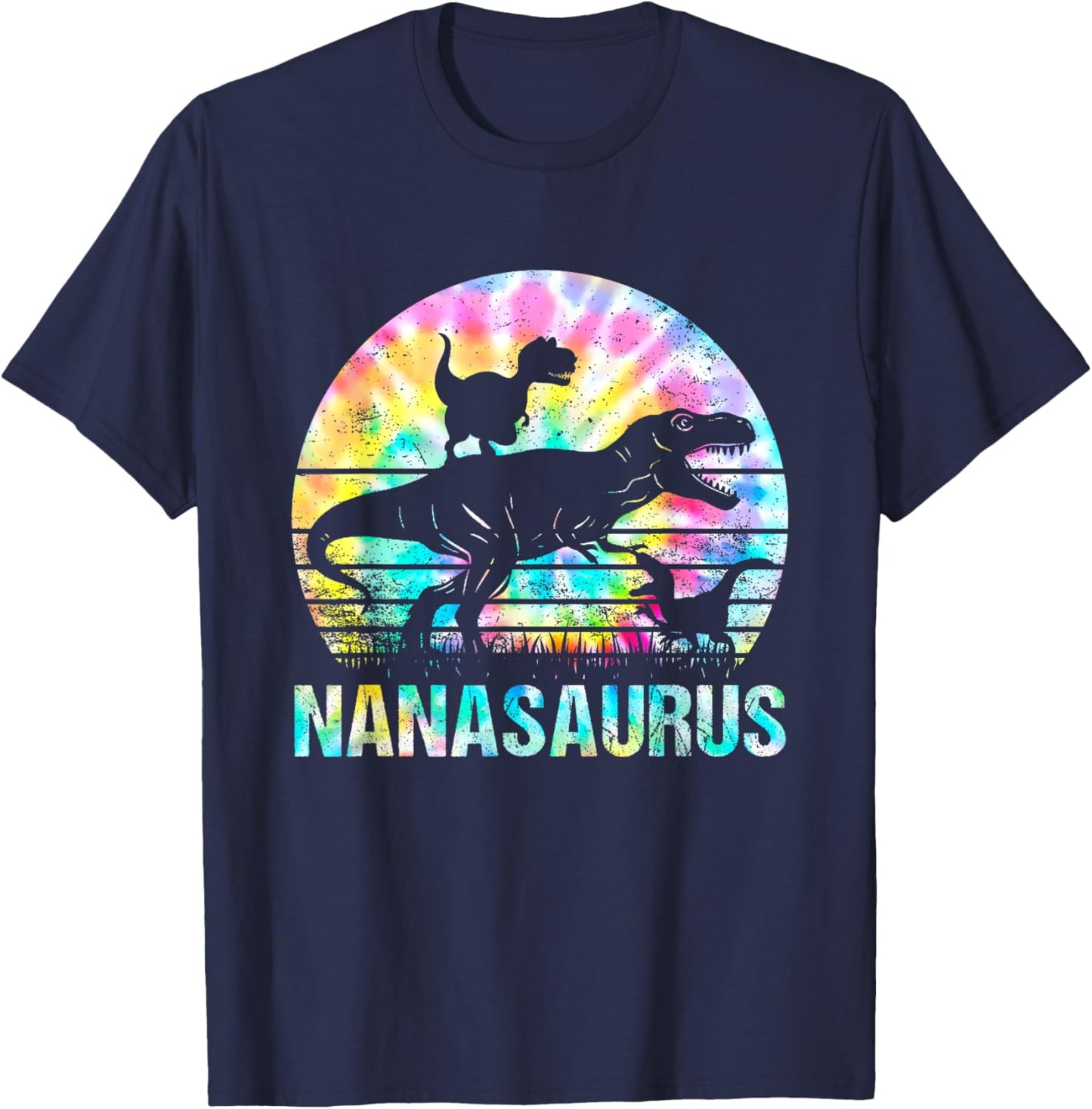 Nanasaurus T Rex Dinosaur Mom Saurus Tie Dye Vintage 70s T-Shirt - T-Shirt | Navy