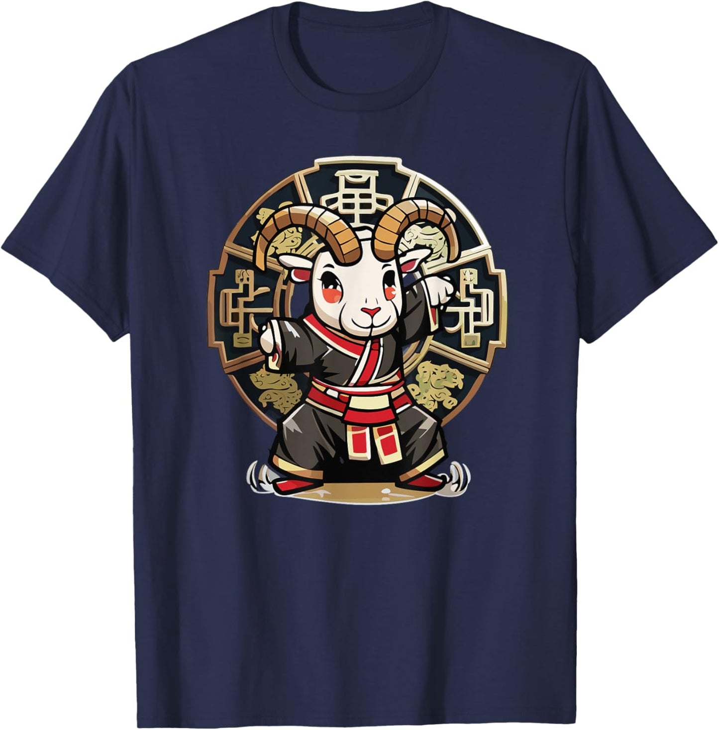 Monkey Style Studios Cute Kawaii Asian Chinese Goat Ram Zodiac Lunar New Year , Small, Black T-Shirt - T-Shirt | Navy