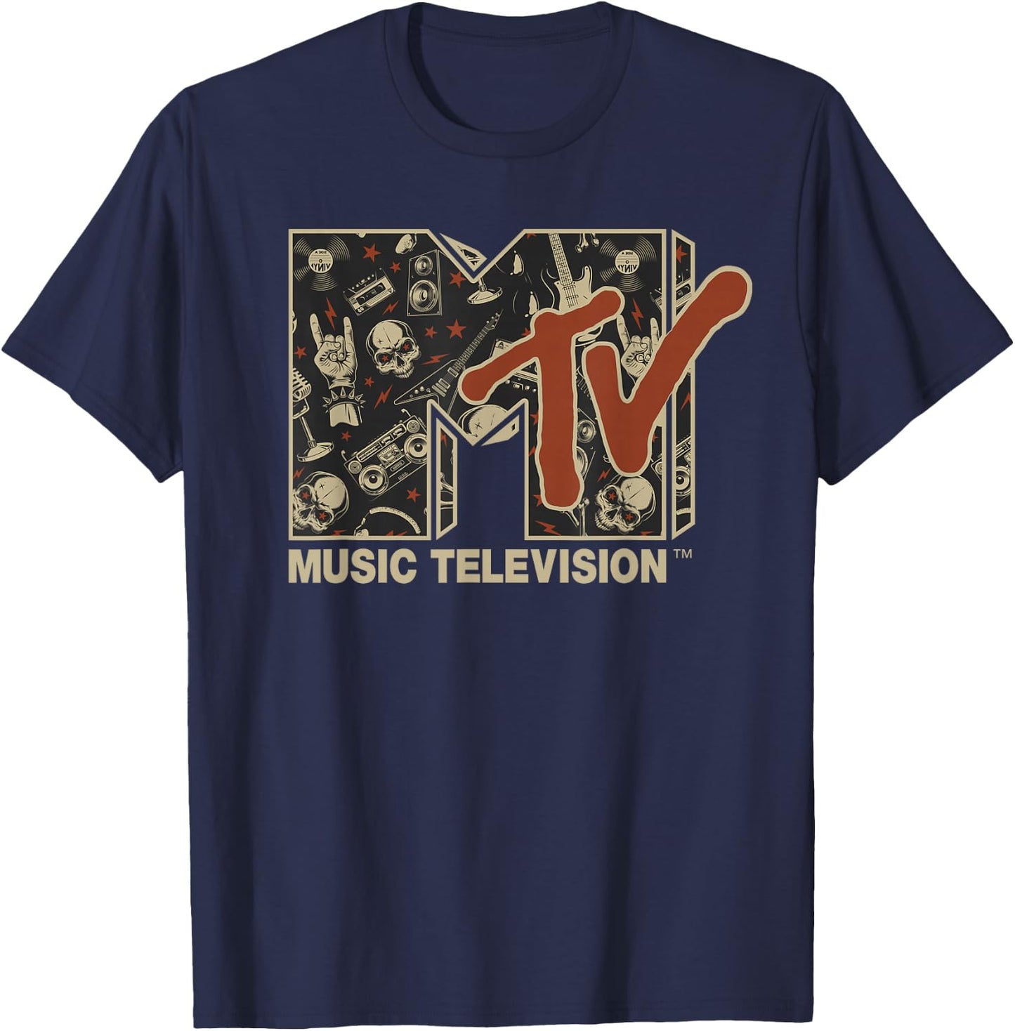 MTV Rock n Roll Music Hard Heavy Metal Skull Guitar Vintage T-Shirt - T-Shirt | Navy