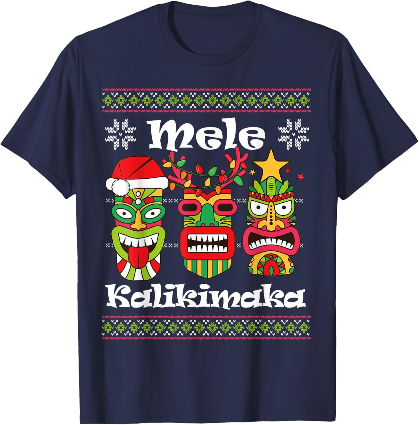 Mele Kalikimaka Christmas Hawaiian Santa Tiki Ugly Xmas T-Shirt - T-Shirt | Navy