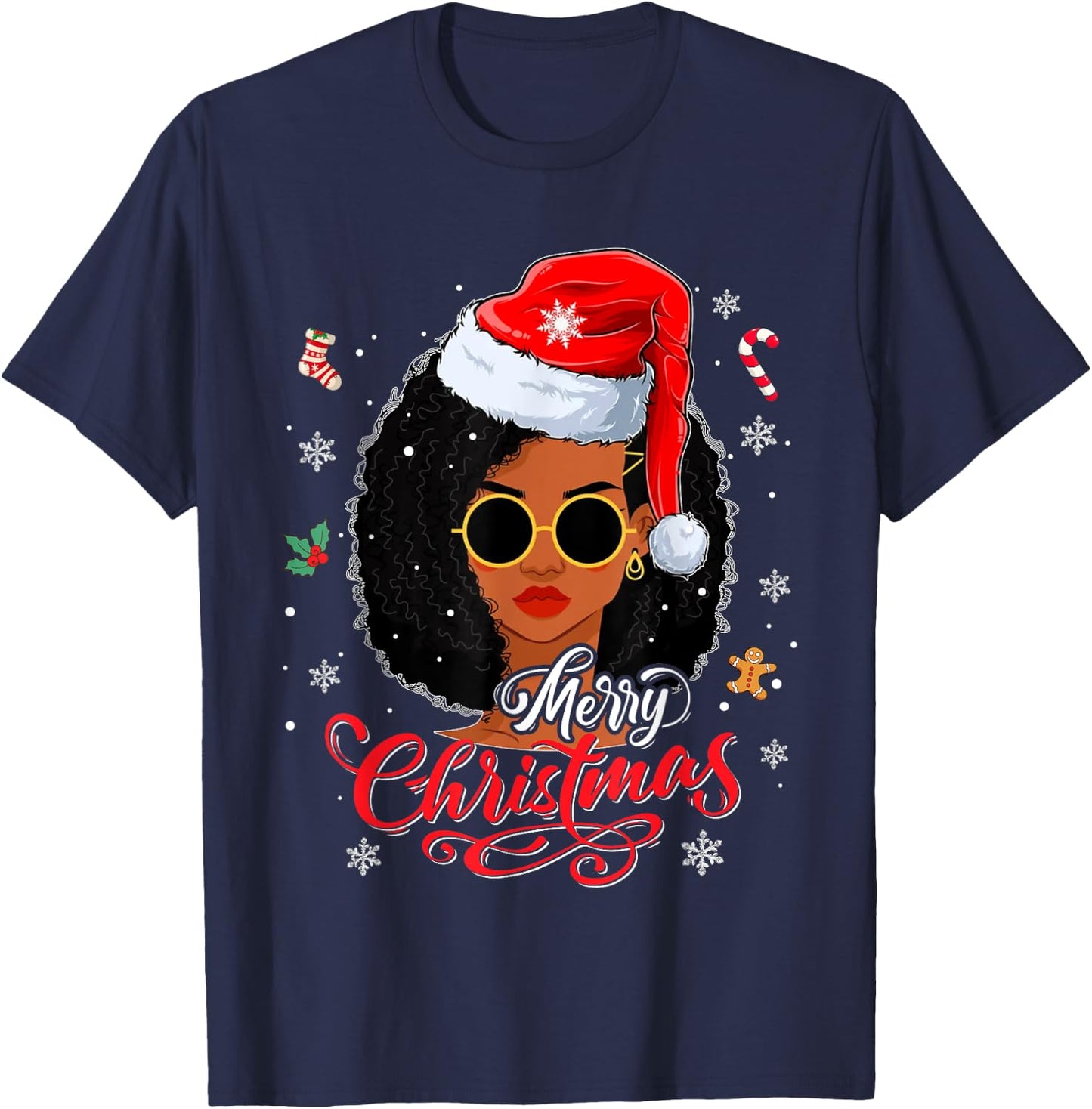 Merry Christmas Black African American Xmas Santa Melanin T-Shirt - T-Shirt | Navy