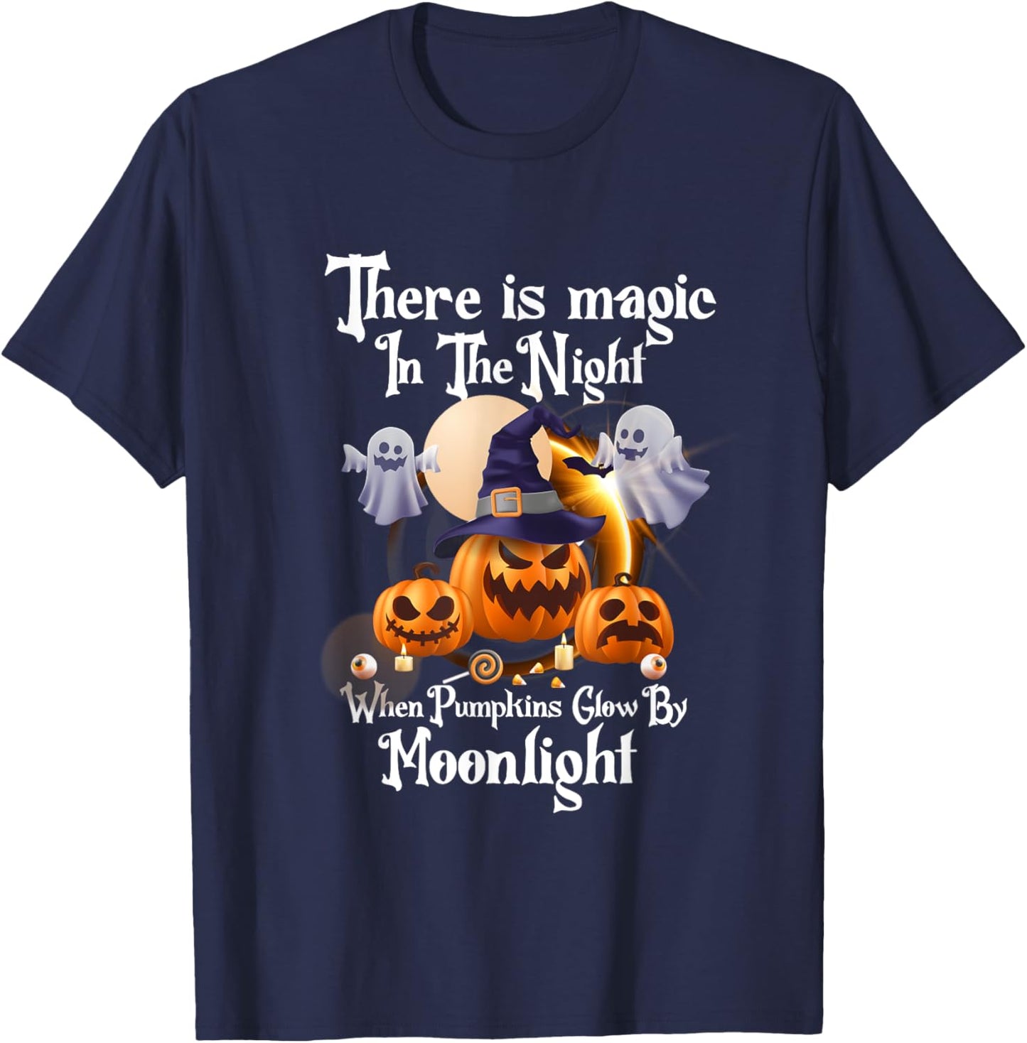 Magic In The Night Pumpkins Glow-Moonlight Halloween Ghost T-Shirt - T-Shirt | Navy