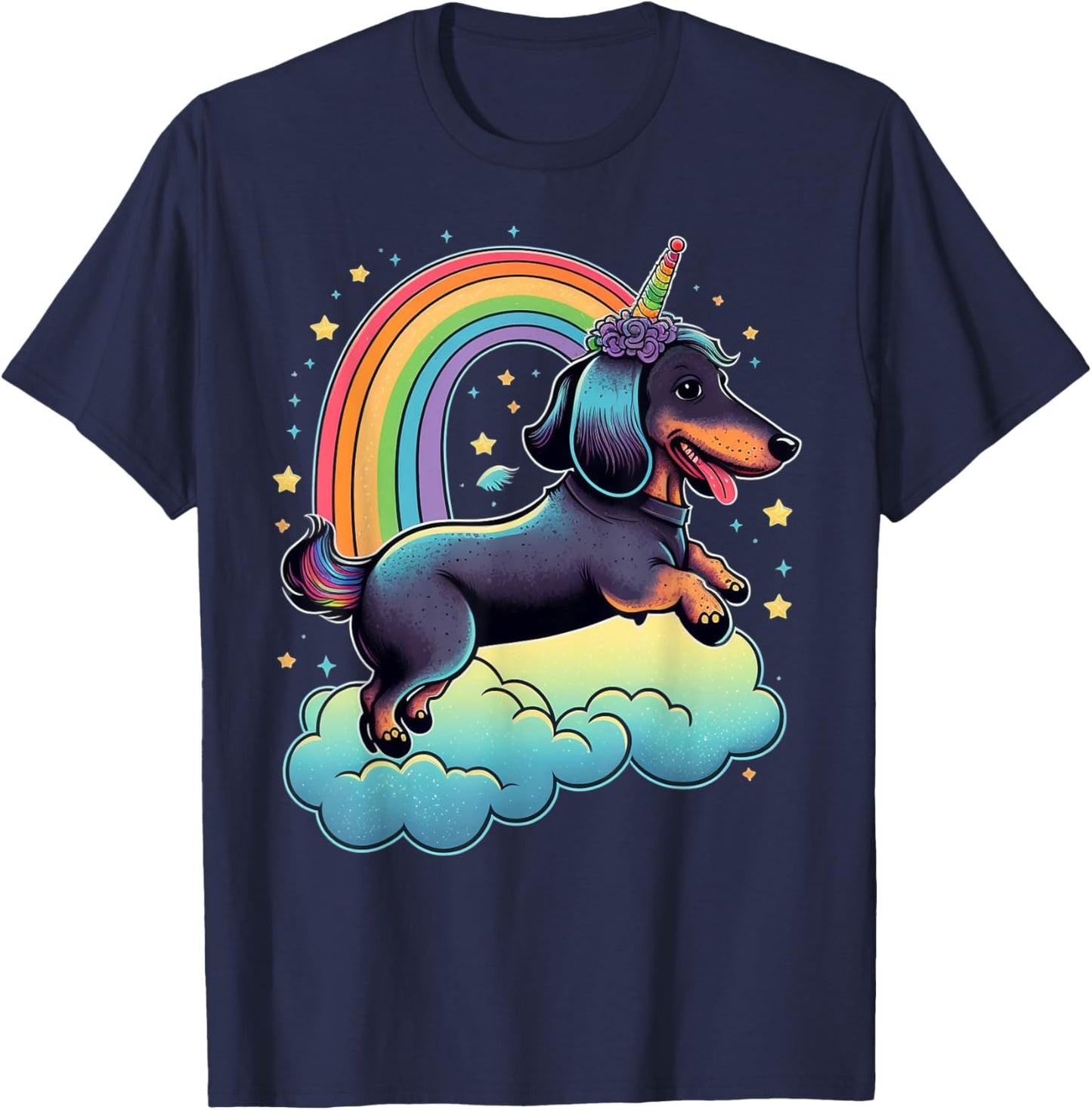 Dachshund Unicorn on Rainbow Unicorn Dachshund T-Shirt - T-Shirt | Navy