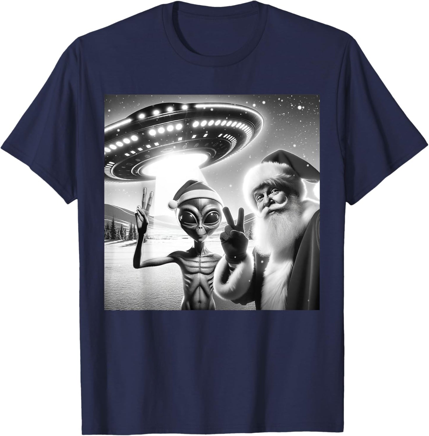 Funny Santa Selfie Alien UFO Lover Peace Sign Ugly Christmas T-Shirt - T-Shirt | Navy