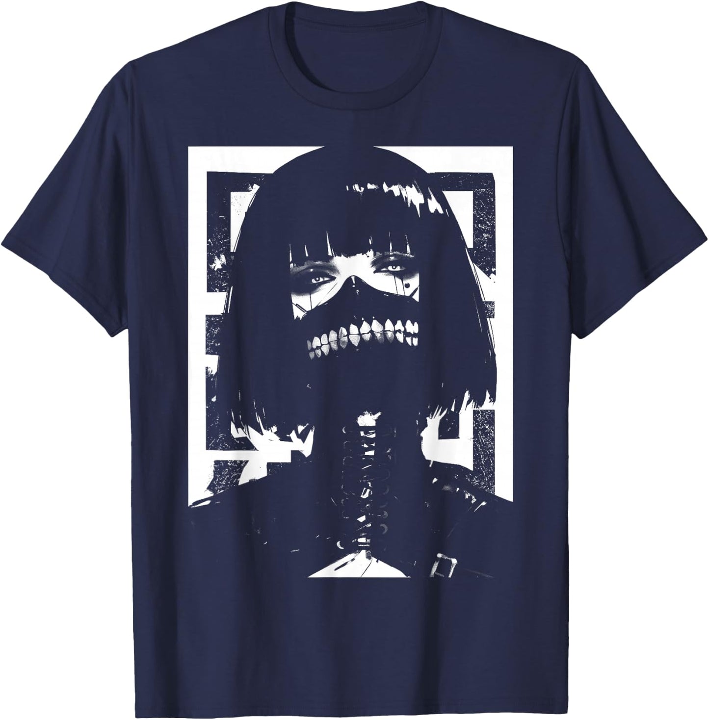 Horror Techwear Ghoul Girl Cybergoth Gothic Anime Manga T-Shirt - T-Shirt | Navy