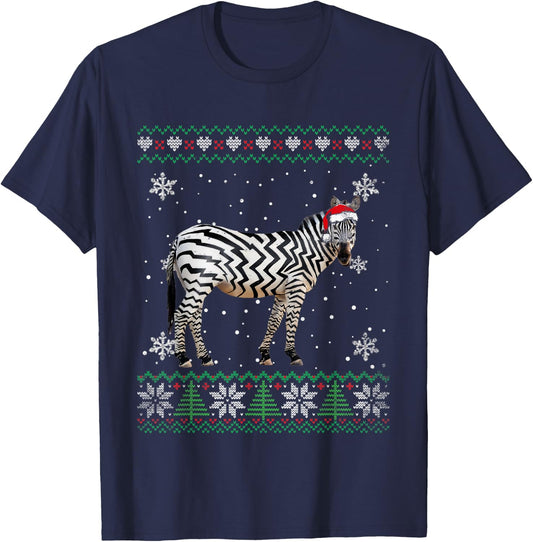Santa Zebra Ugly Sweater Animals Christmas Pajama T-Shirt - T-Shirt | Navy
