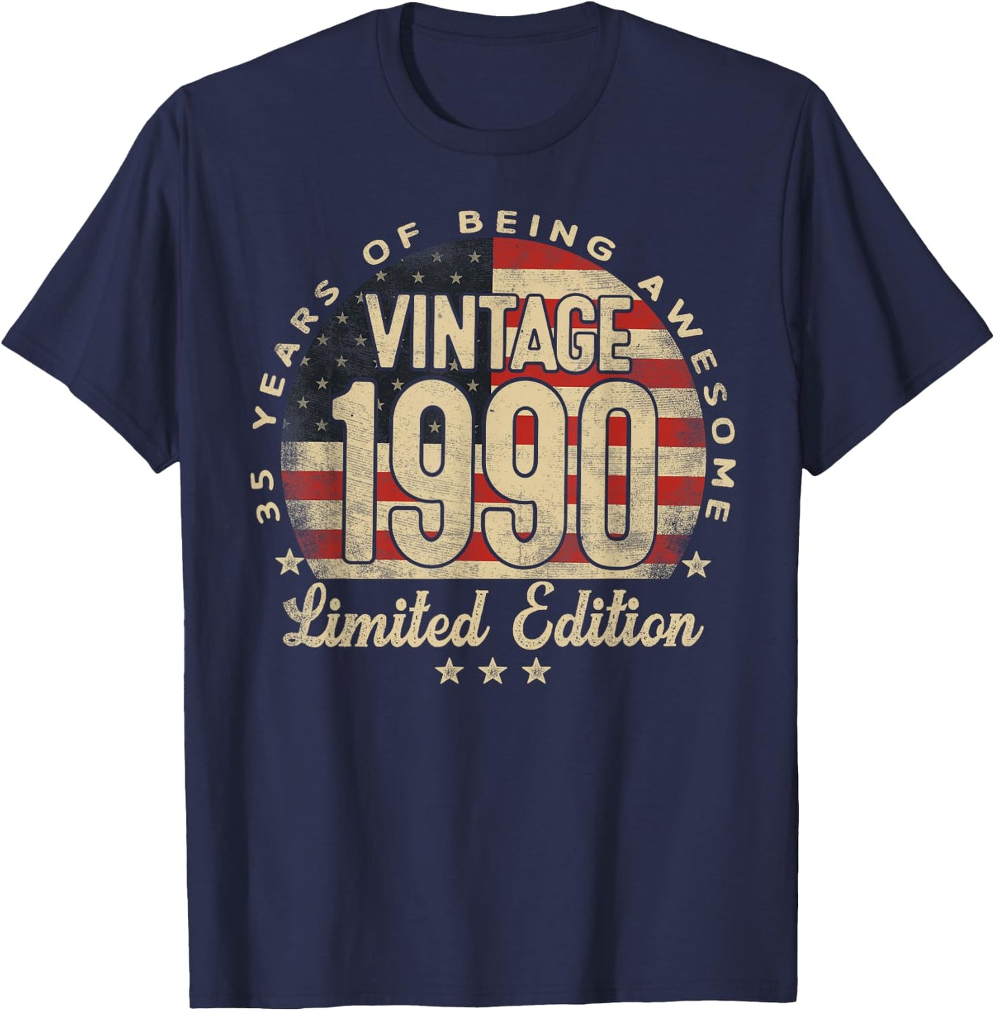 Vintage 1990 Limited Edition 35-Year-Old Gifts USA Flag T-Shirt - T-Shirt | Navy