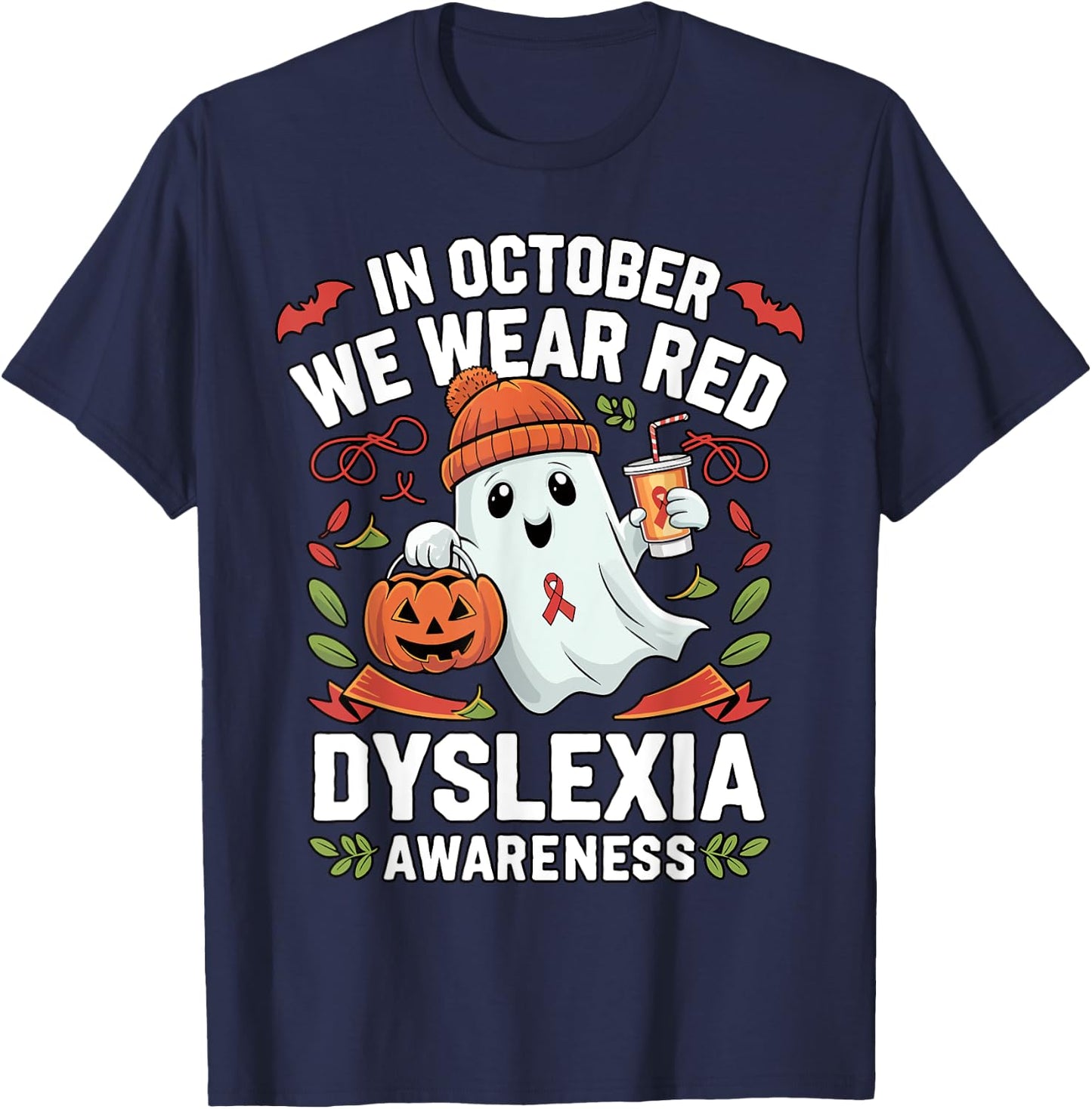 Awareness Ribbon October Wear Red Dyslexia Awareness Ghost T-Shirt - T-Shirt | Navy