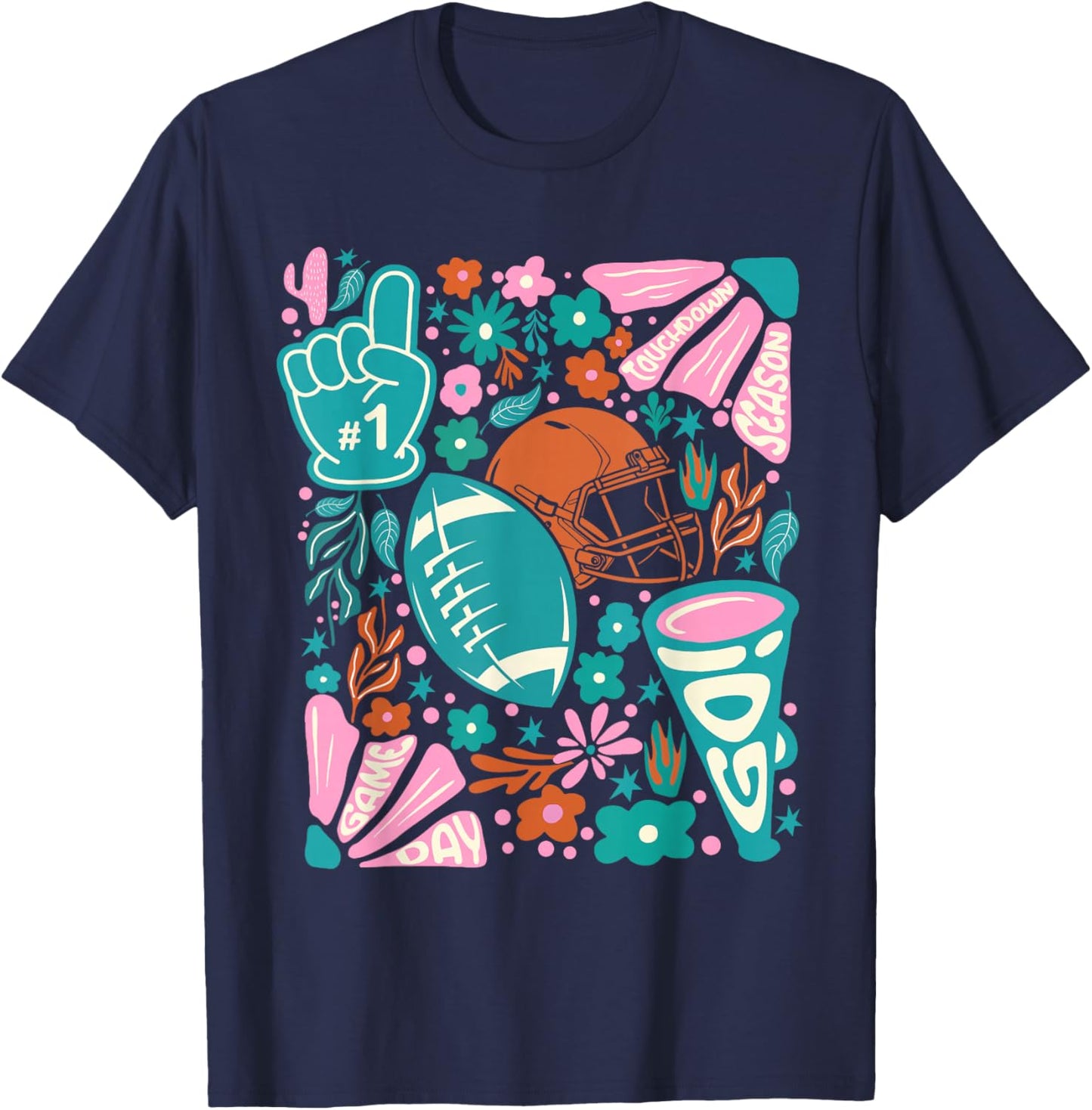 Retro Cute Touchdown Season Game Day Teal Football Mom T-Shirt - T-Shirt | Navy