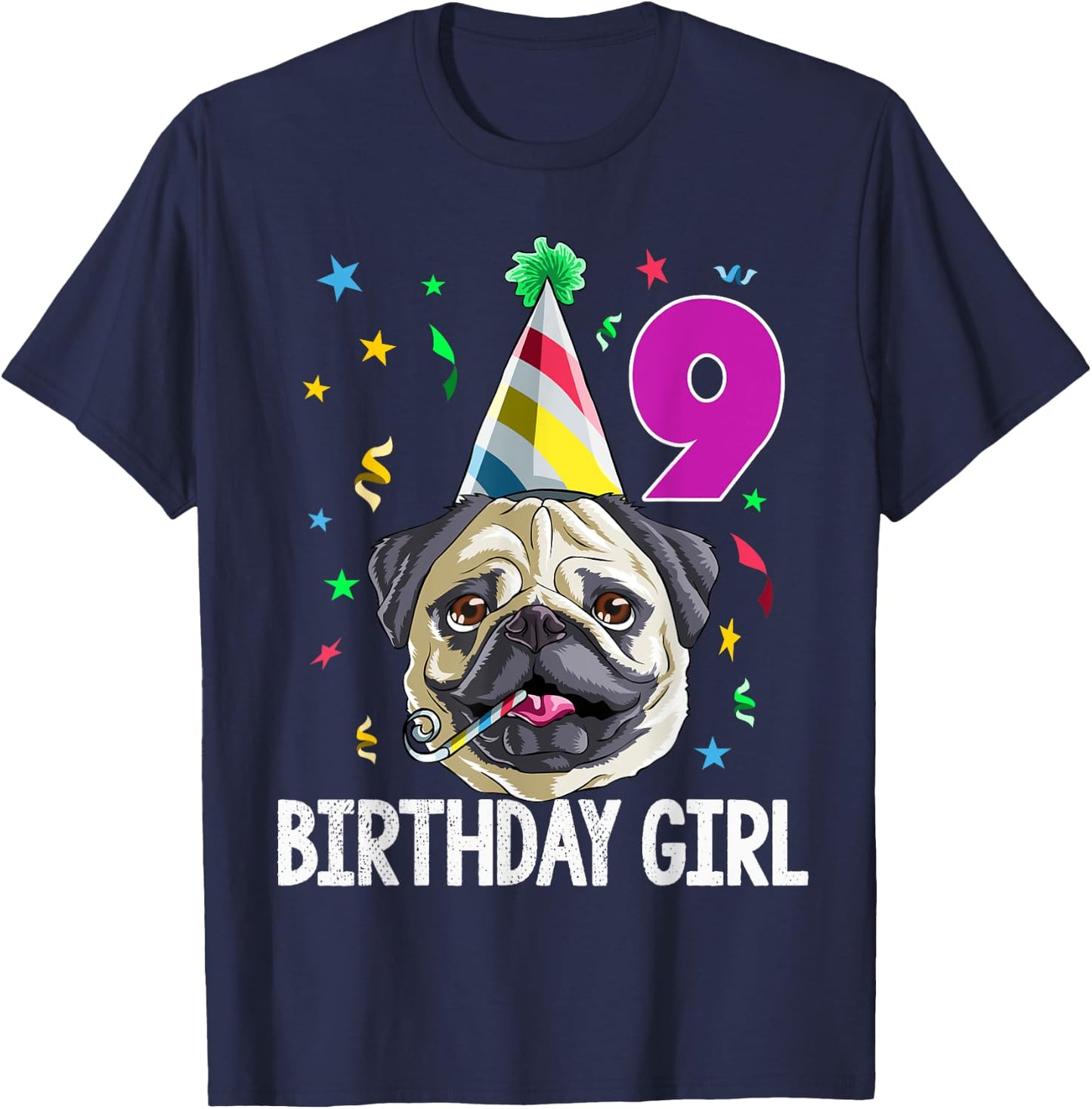 Pug Birthday Girl 9th 9 T Shirt Kids Girls Gift Party T-Shirt - T-Shirt | Navy