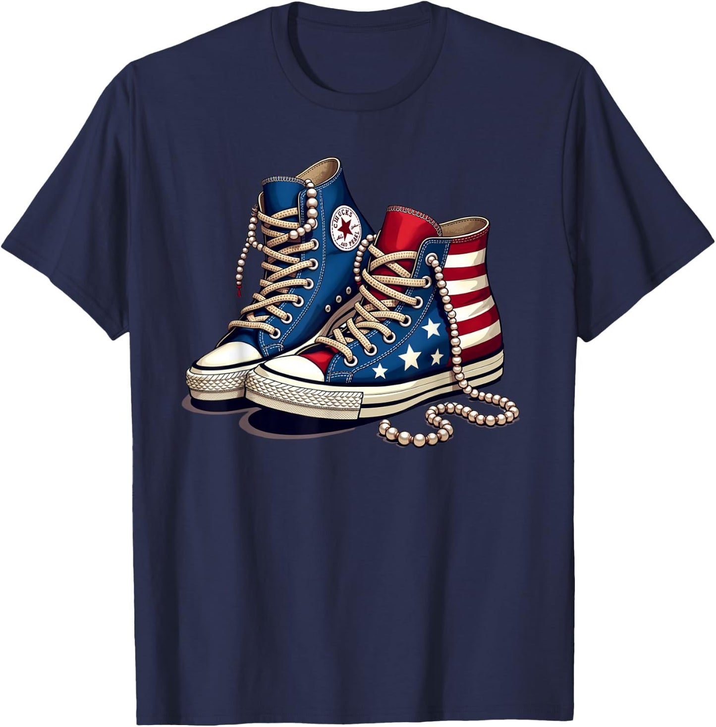 Women Girls Chucks and Pearls Cute Shoes Bling 2024 T-Shirt - T-Shirt | Navy