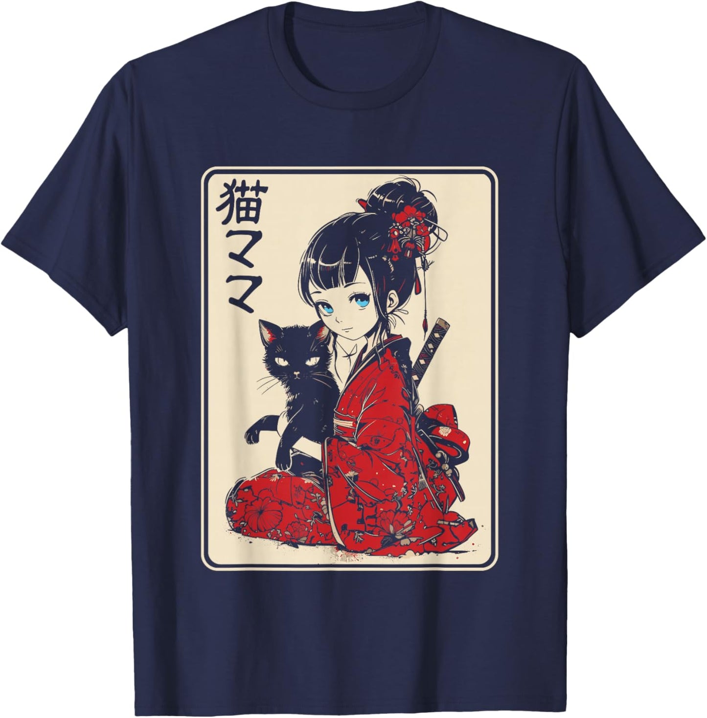 Japanese Gothic Kawaii Anime Samurai Cat Mom Woman Girls T-Shirt - T-Shirt | Navy