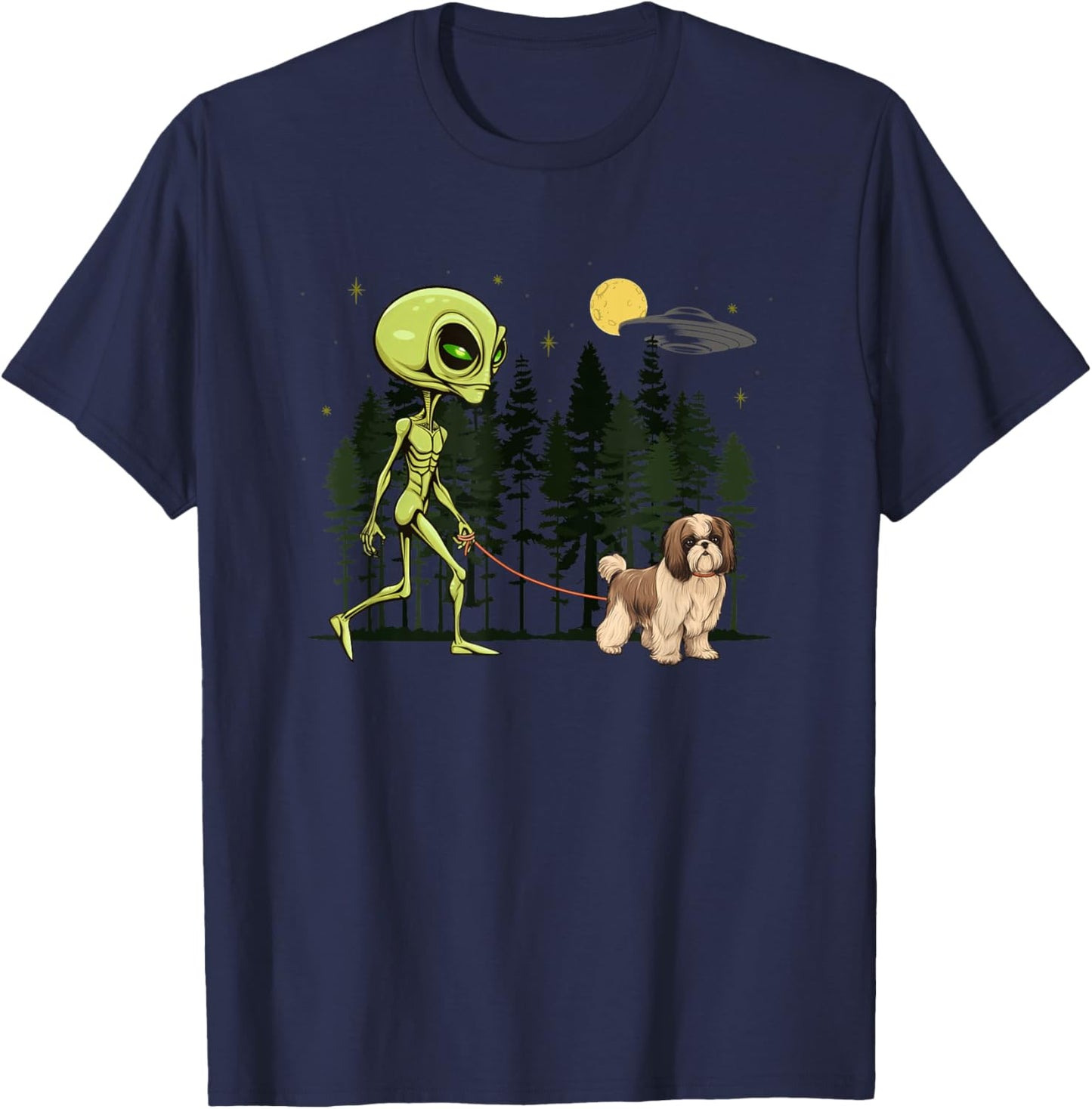 Funny Shih Tzu Alien Walking UFO Pet Dog Mom Dad T-Shirt - T-Shirt | Navy