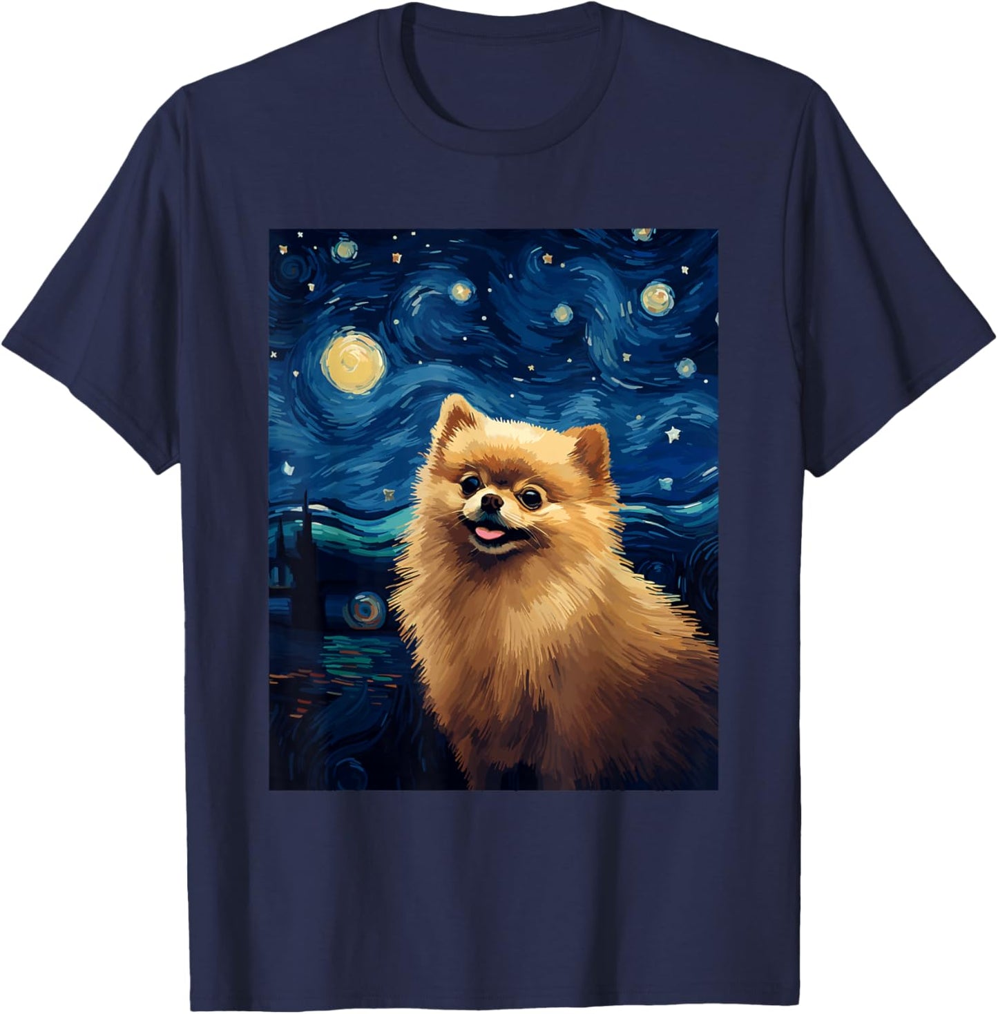 Pomeranian Dog Starry Night Van Gogh Art Lover T-Shirt - T-Shirt | Navy