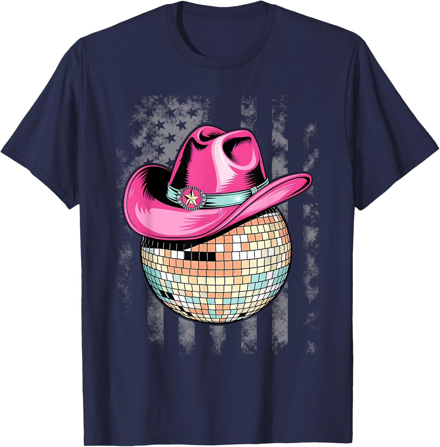 Retro Style Pink Cowboy Hat Club Disco Ball T-Shirt - T-Shirt | Navy