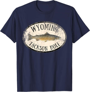 Wyoming Jackson Hole Trout Fish Fly Fishing Vintage T-Shirt - T-Shirt | Navy