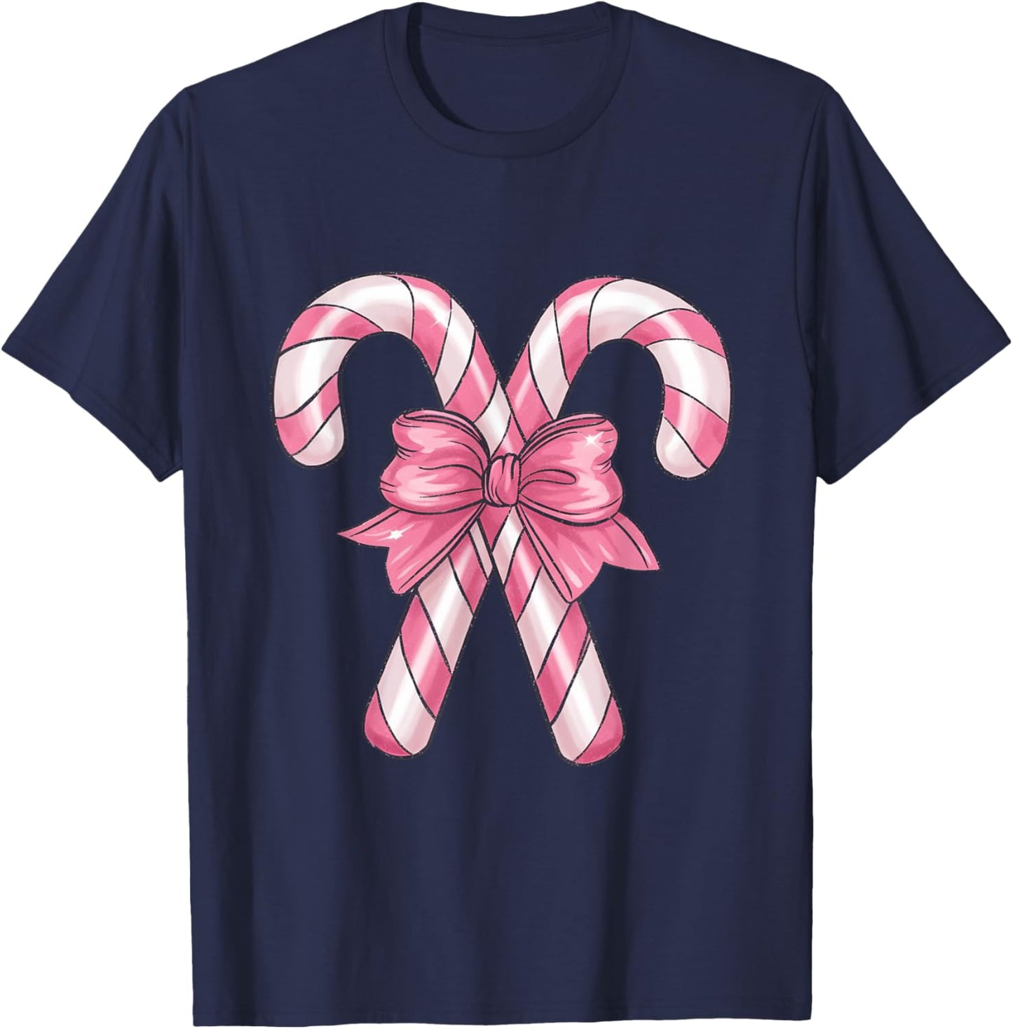 Candy Cane Christmas- Pretty Pink Bow T-Shirt - T-Shirt | Navy