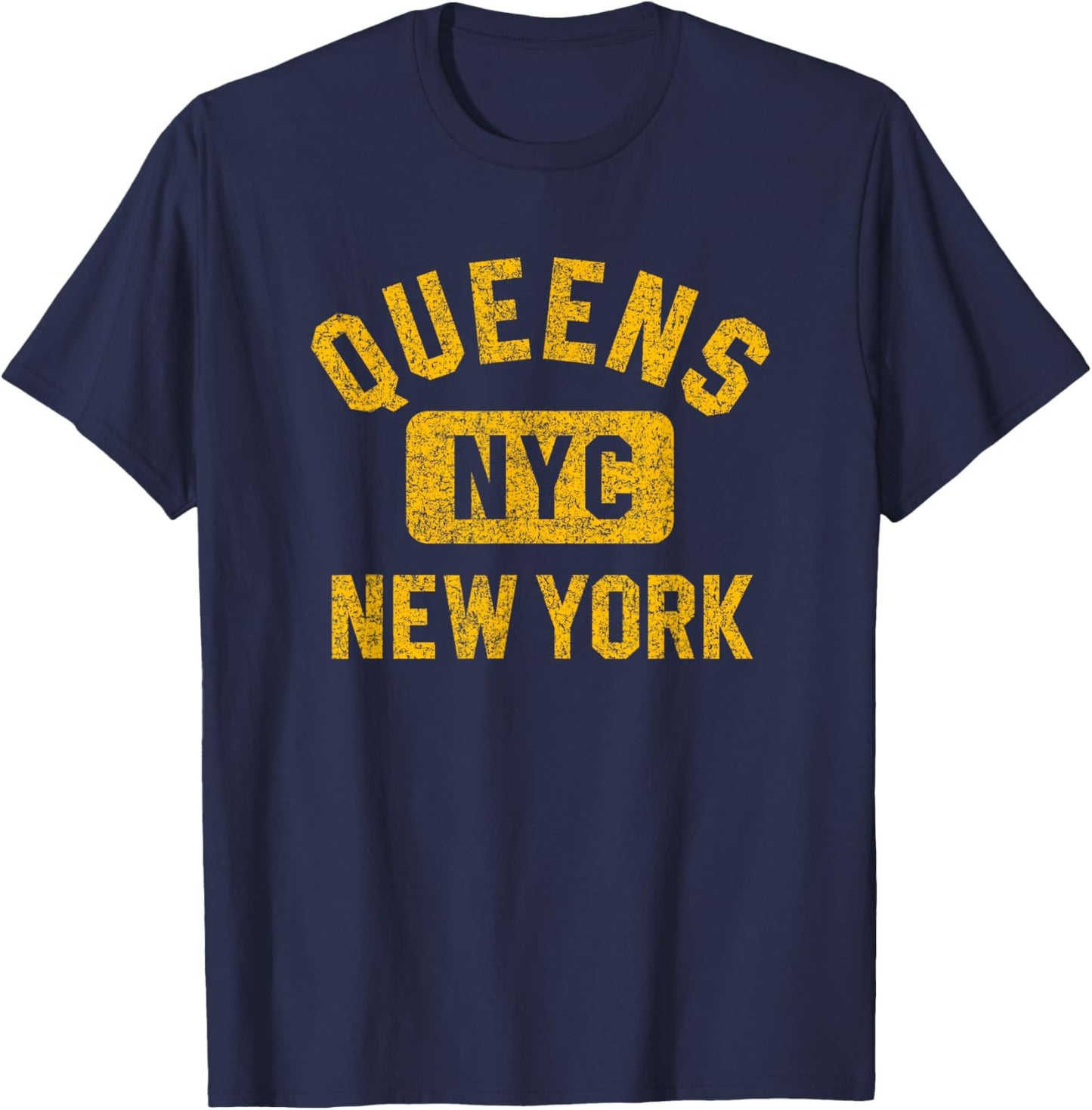 Queens NYC New York Gym Style Distressed Amber Print T-Shirt - T-Shirt | Navy