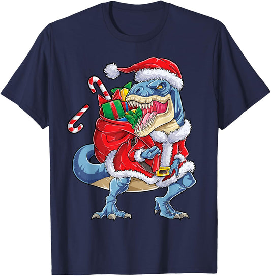 Dinosaur Christmas Santa Claus T-rex Boys Men Funny Xmas T-Shirt - T-Shirt | Navy
