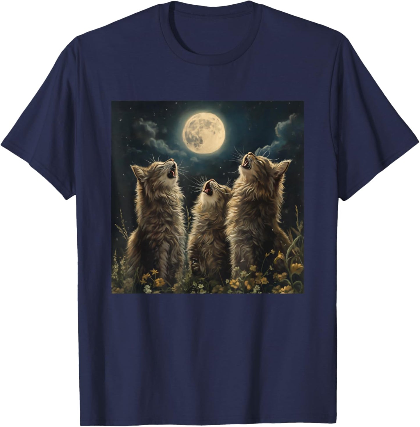 Maine Coon Howl At Moon Cat Lover T-Shirt - T-Shirt | Navy