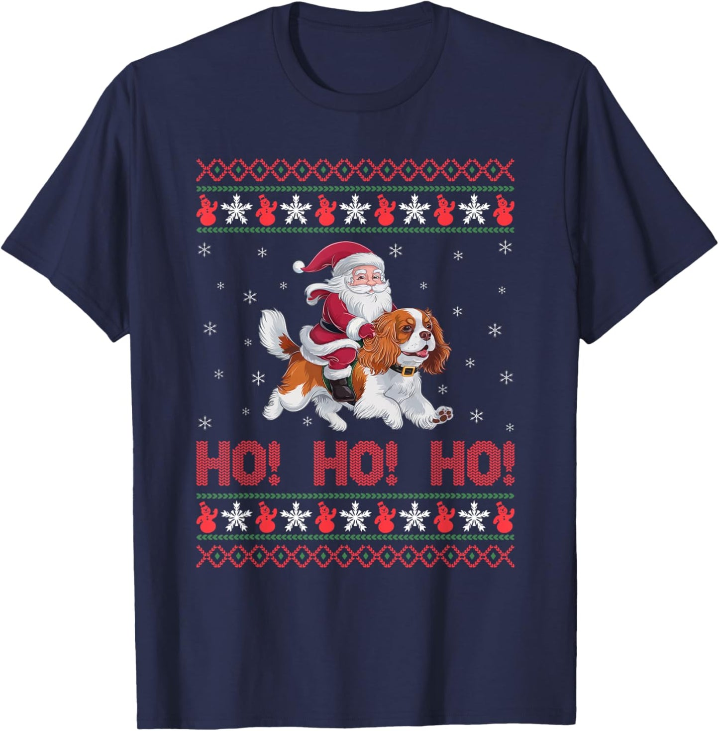 Ho Ho Ho Santa Riding Cavalier King Charles Spaniel Dog Xmas T-Shirt - T-Shirt | Navy