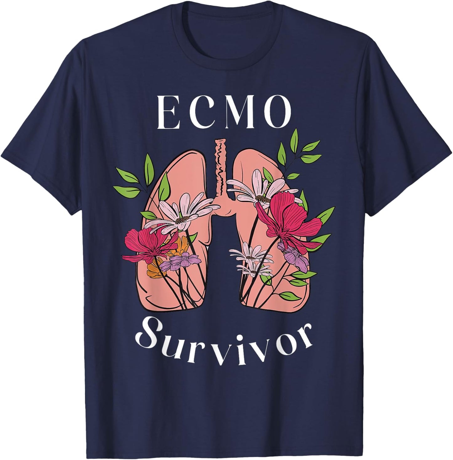 Floral Lungs ECMO Survivor ECMO Oxygenator Nurse Hospital T-Shirt - T-Shirt | Navy