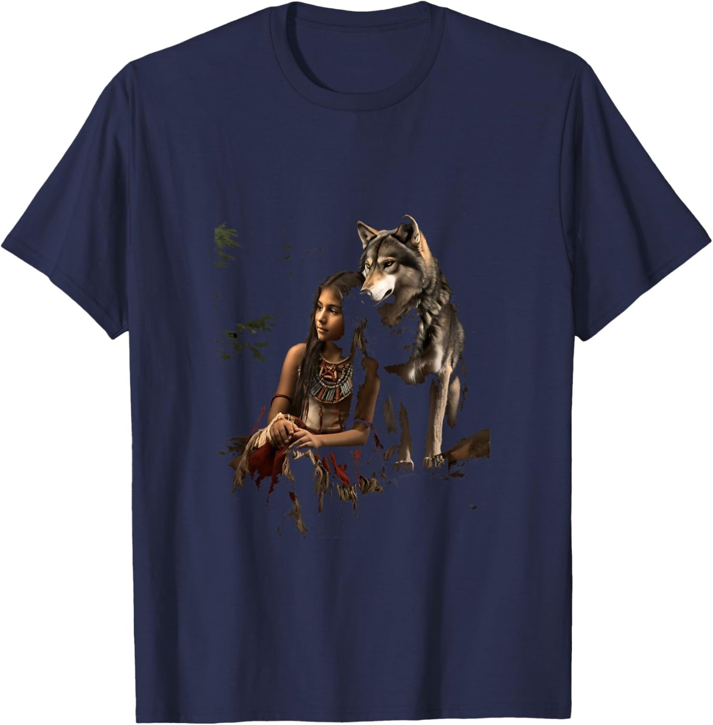Wolf and Indian Woman Girl Indigenous Ethnic Indians T-Shirt - T-Shirt | Navy