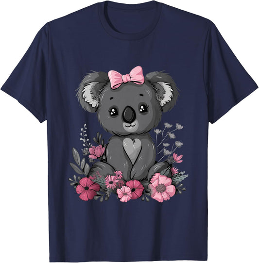 Koala Cute Kawaii Koala Bear Pink Bow Flowers Girls Kids T-Shirt - T-Shirt | Navy