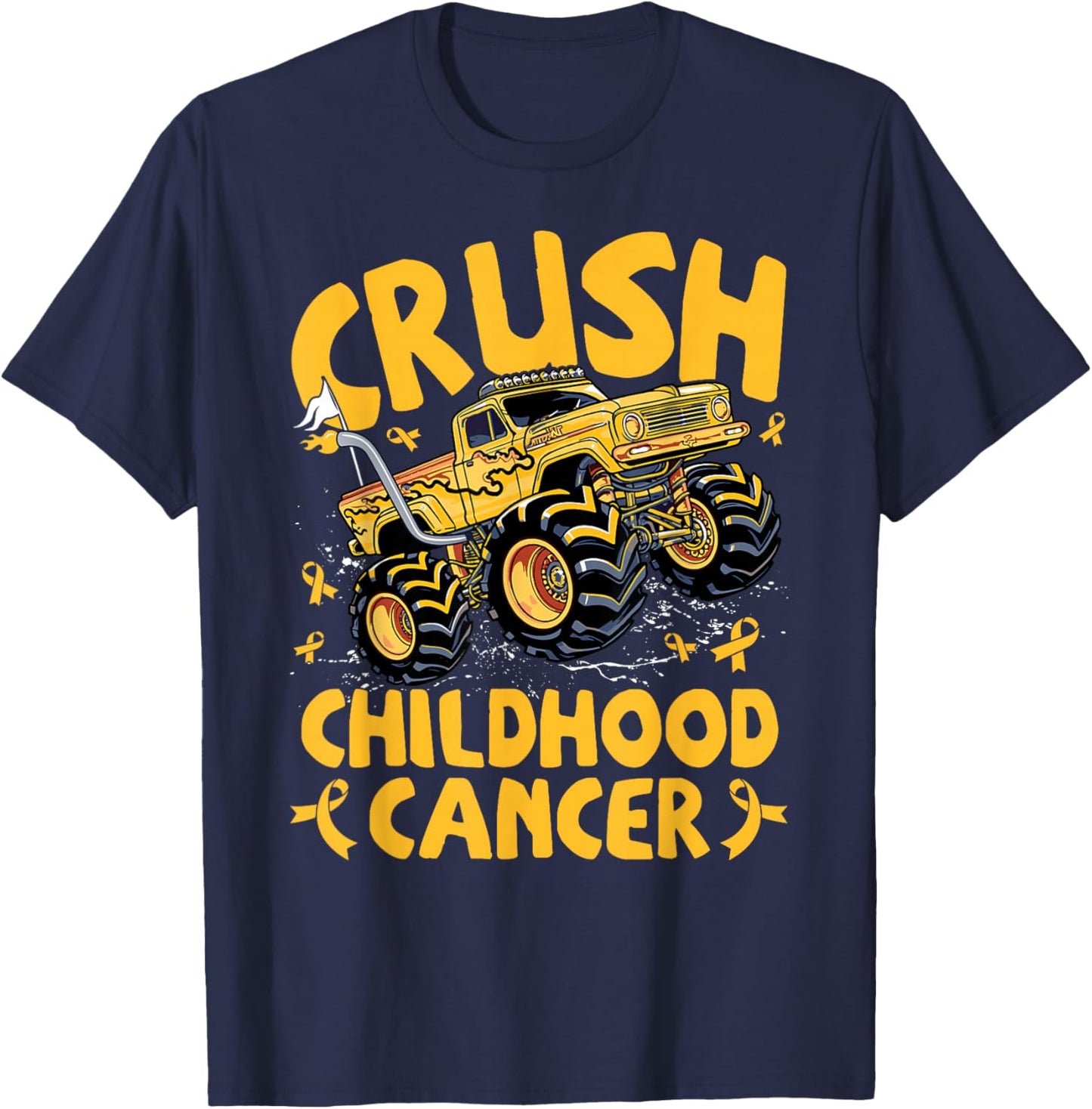 Crush Childhood Cancer Awareness Monster Truck Gold Ribbon T-Shirt - T-Shirt | Navy