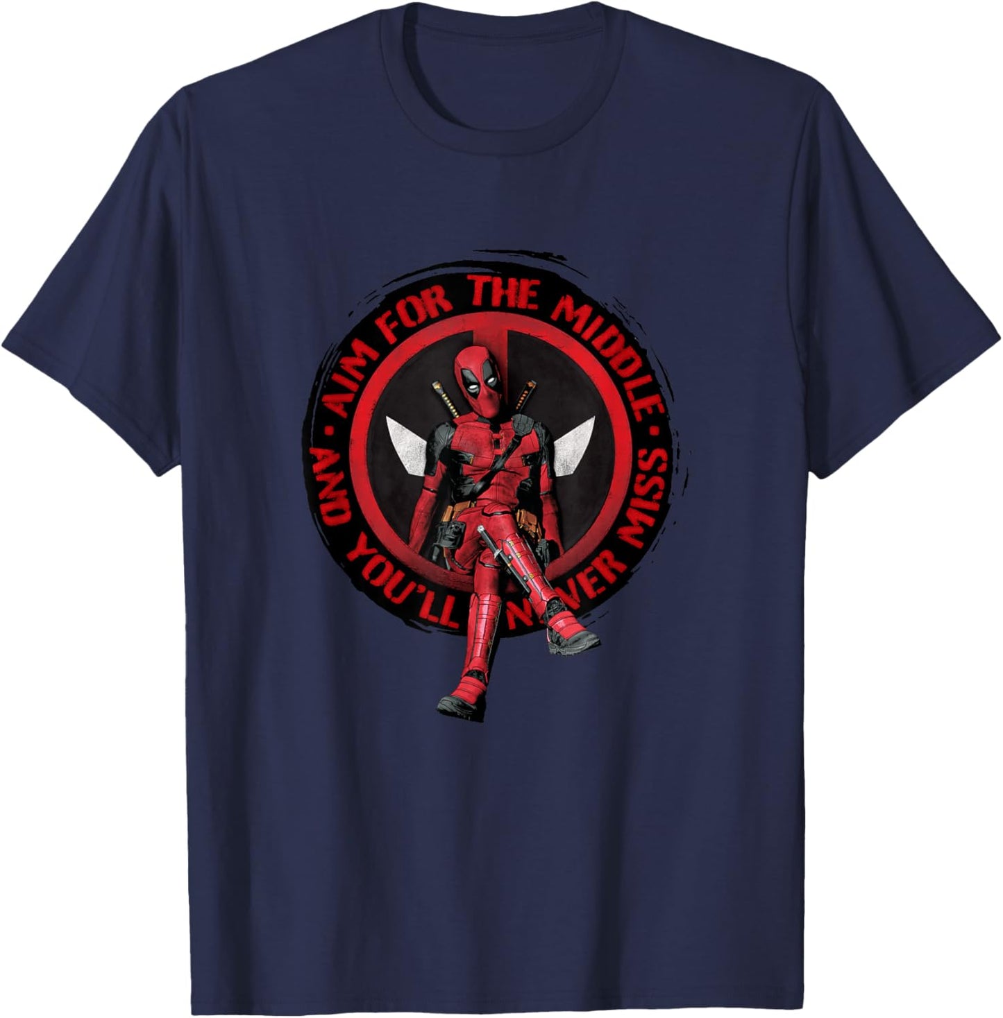 Marvel Studios Deadpool & Wolverine Aim for the Middle Quote T-Shirt - T-Shirt | Navy