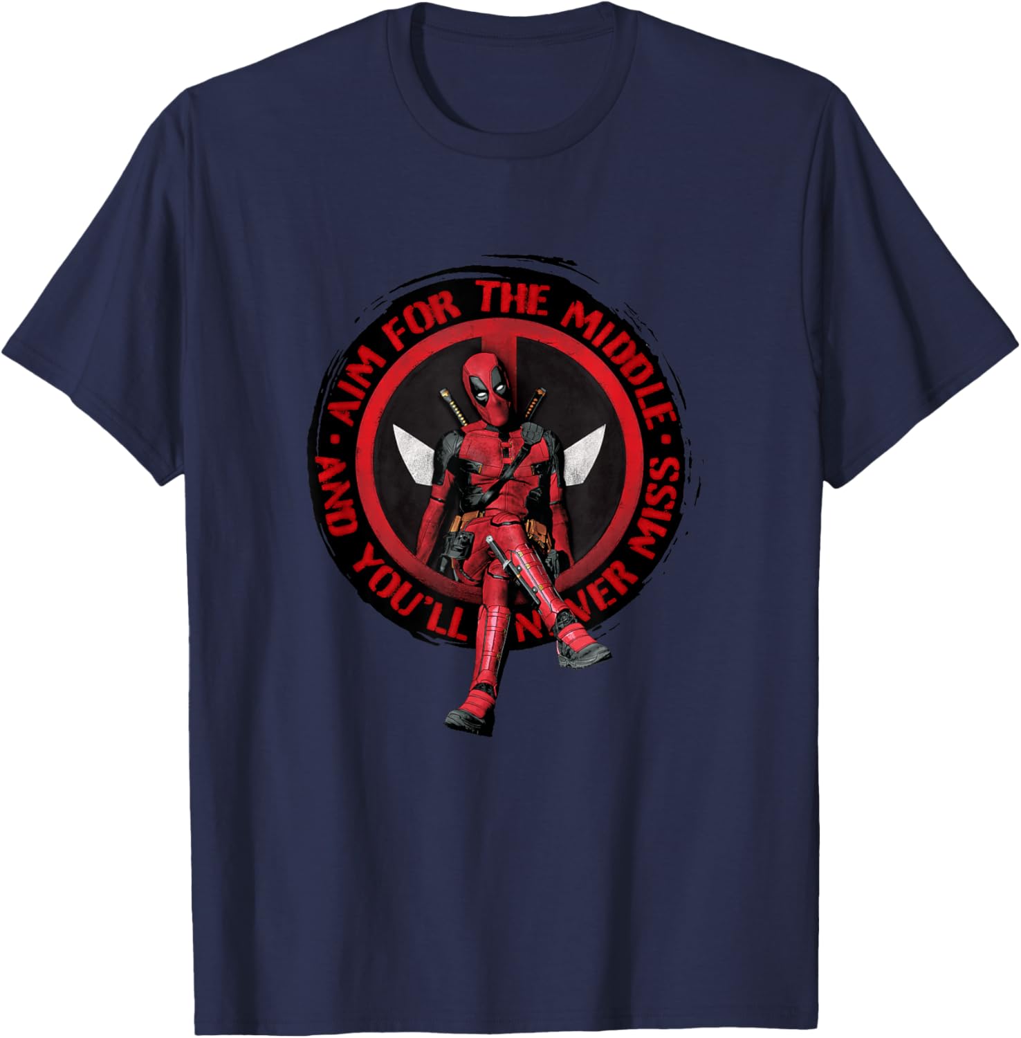 Marvel Studios Deadpool & Wolverine Aim for the Middle Quote T-Shirt - T-Shirt | Navy