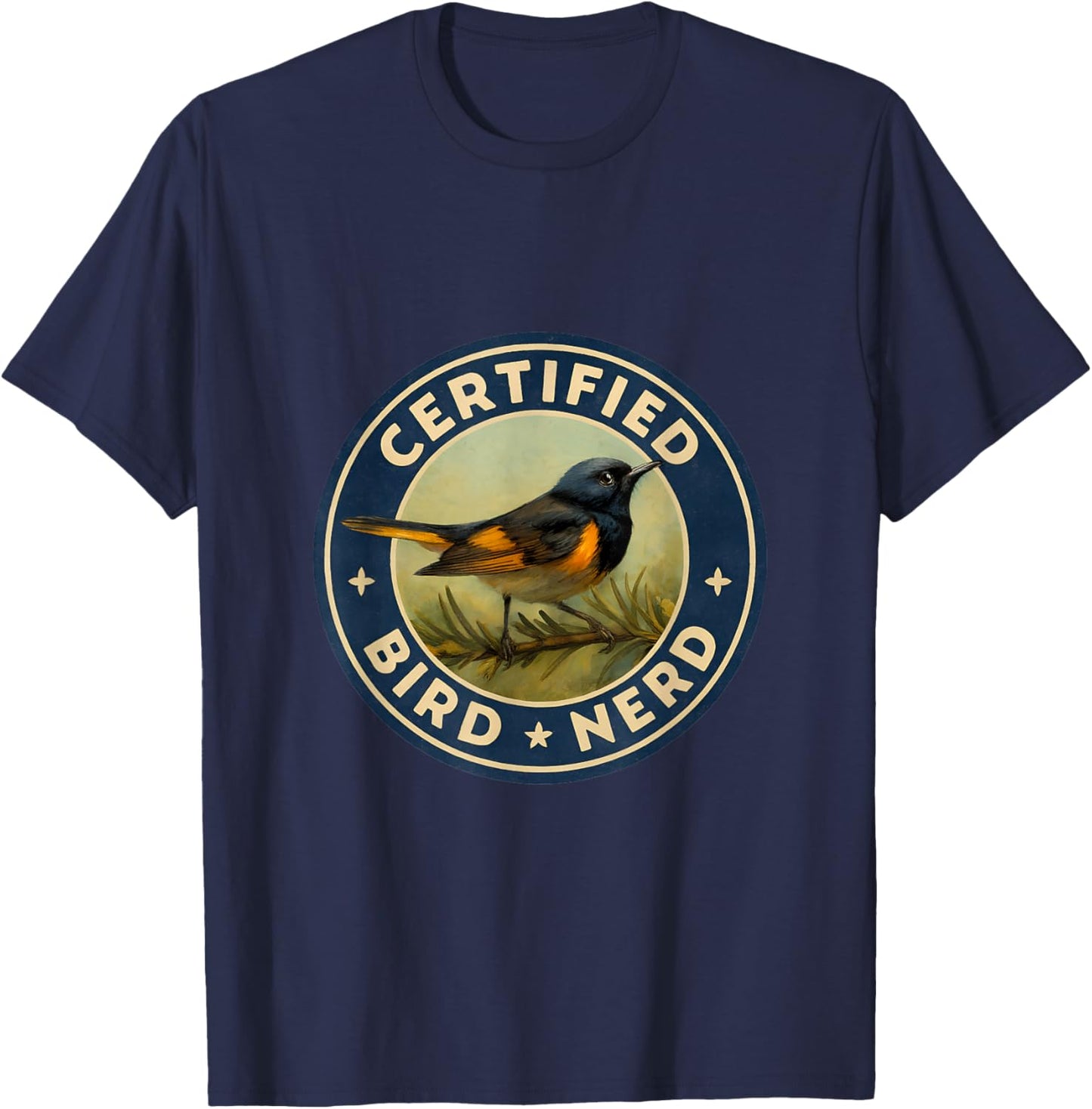 Certified Bird Nerd – American Redstart Vintage Badge T-Shirt - T-Shirt | Navy