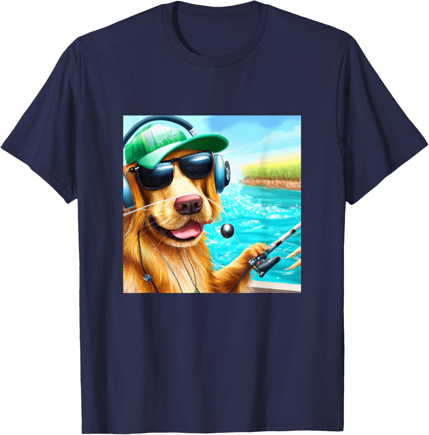 Fishing Shirt Men Boys Dad Kids Gift Golden Retriever Dog T-Shirt - T-Shirt | Navy