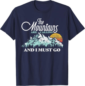 Mountains Are Calling & I Must Go Retro 80s Vibe Graphic T-Shirt - T-Shirt | Navy