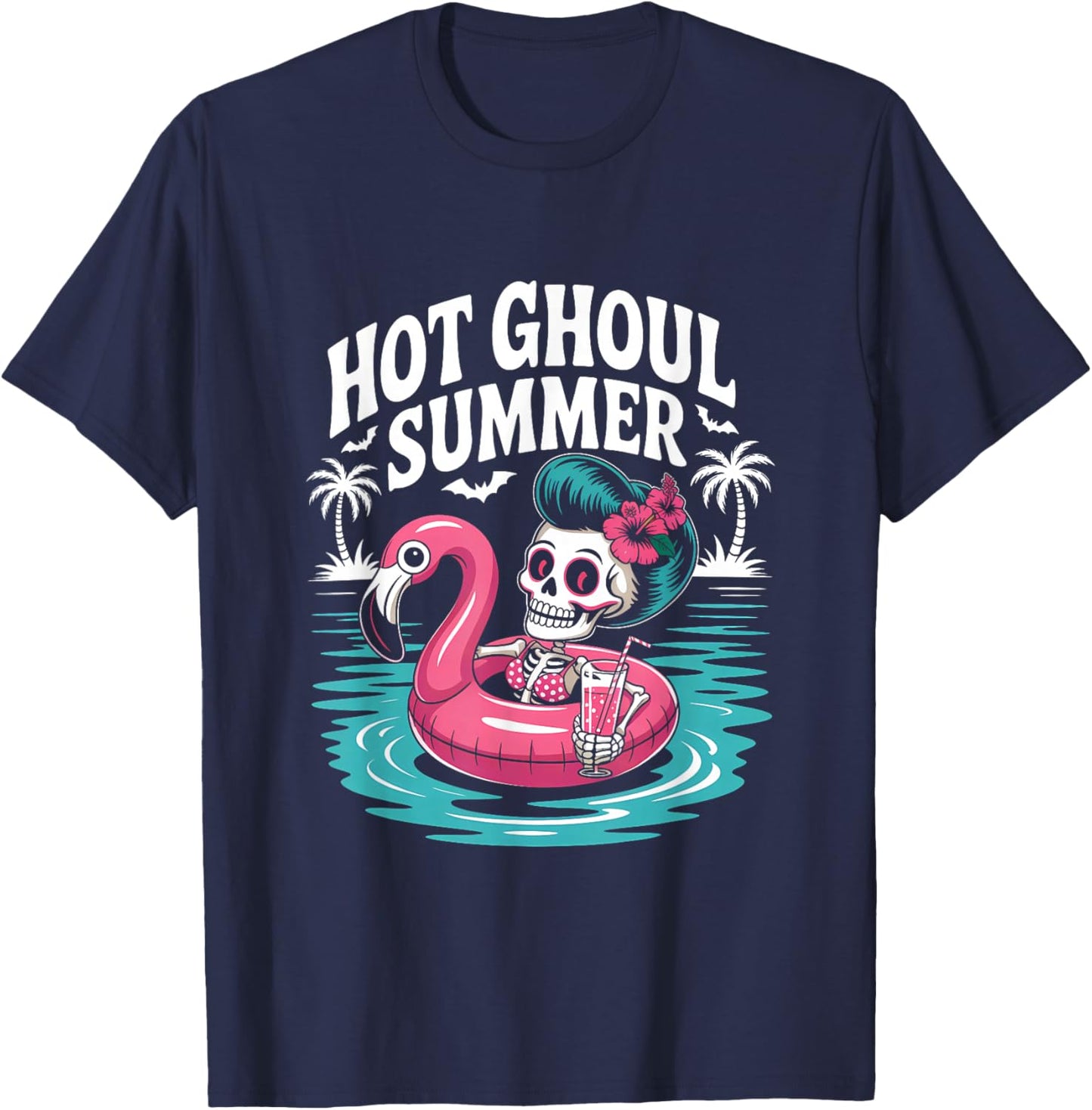 Hot Ghoul Summer Funny Cute Skeleton Flamingo Pool Party T-Shirt - T-Shirt | Navy