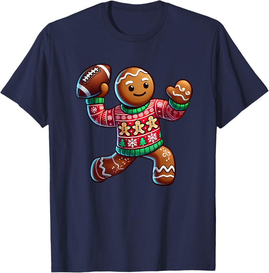 Football Christmas Gingerbread Man Football Ugly Christmas T-Shirt - T-Shirt | Navy