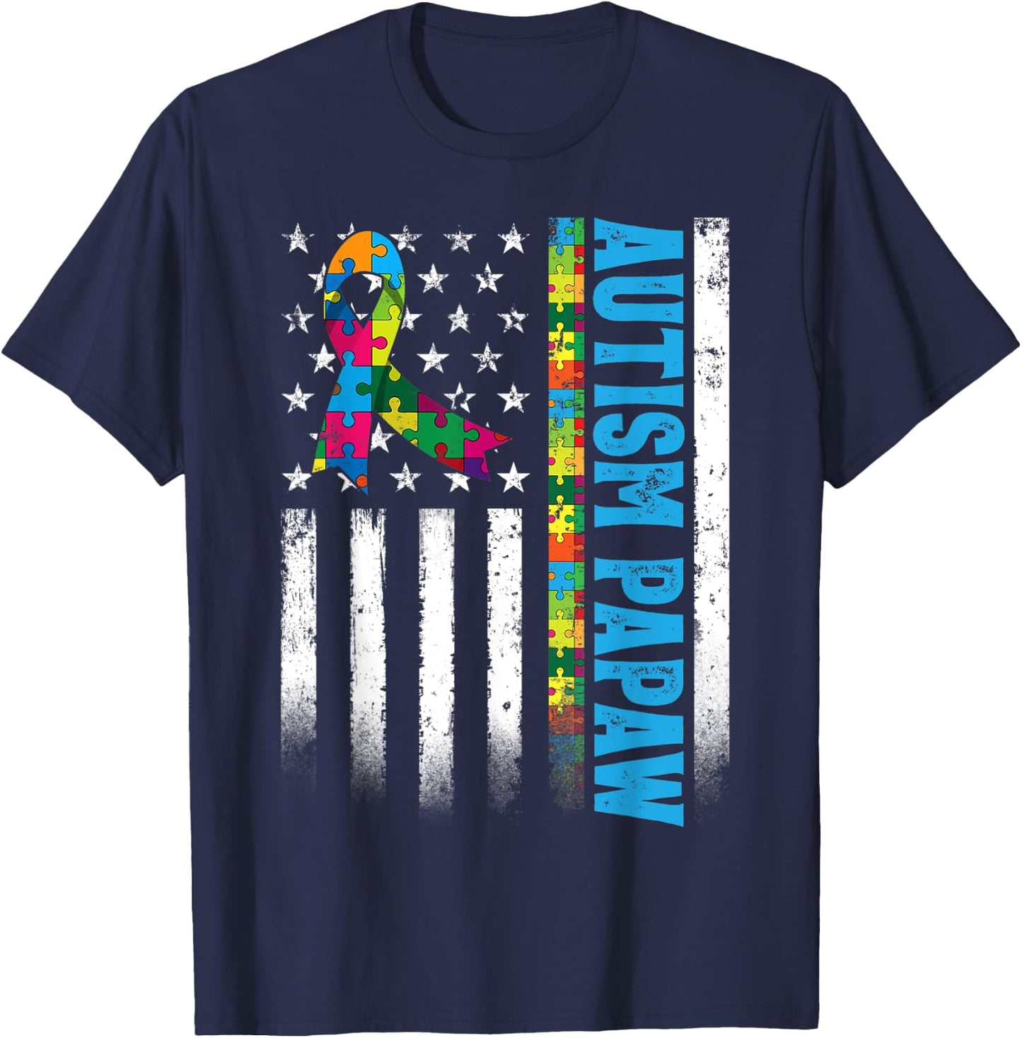 Retro American Flag Autism Papaw Awareness Autistic T-Shirt - T-Shirt | Navy