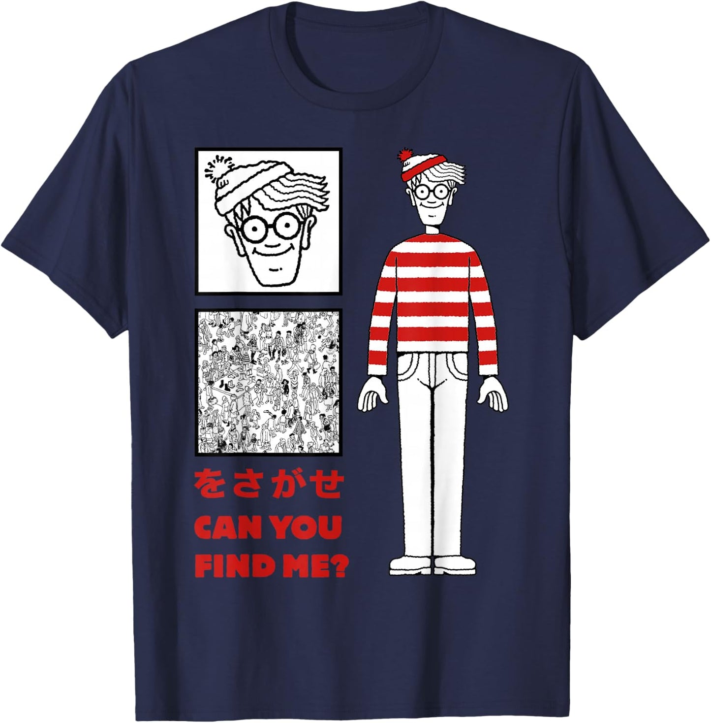 Where's Waldo Can You Find Me Kanji Poster Graphic T-Shirt - T-Shirt | Navy