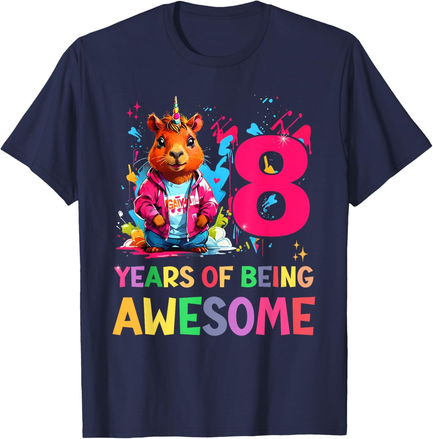 awesome capybara cappy birthday 8 year old Girls 8th B-day T-Shirt - T-Shirt | Navy