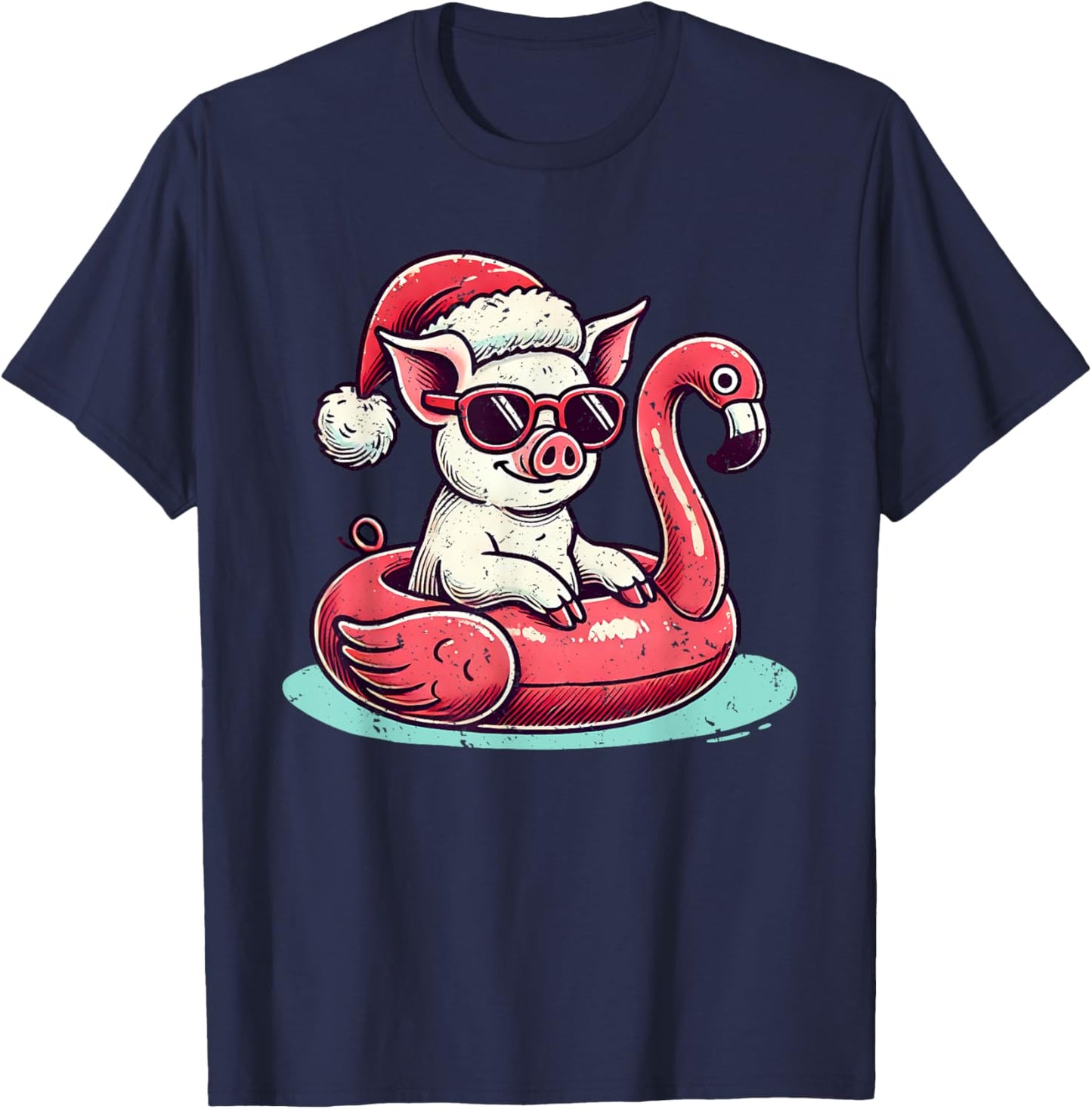 Funny Christmas in July Pig Mom Santa Flamingo Floatie T-Shirt - T-Shirt | Navy