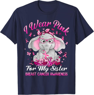 I Wear Pink For My Sister Breast Cancer Awareness Elephant T-Shirt - T-Shirt | Navy