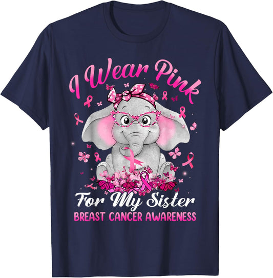 I Wear Pink For My Sister Breast Cancer Awareness Elephant T-Shirt - T-Shirt | Navy